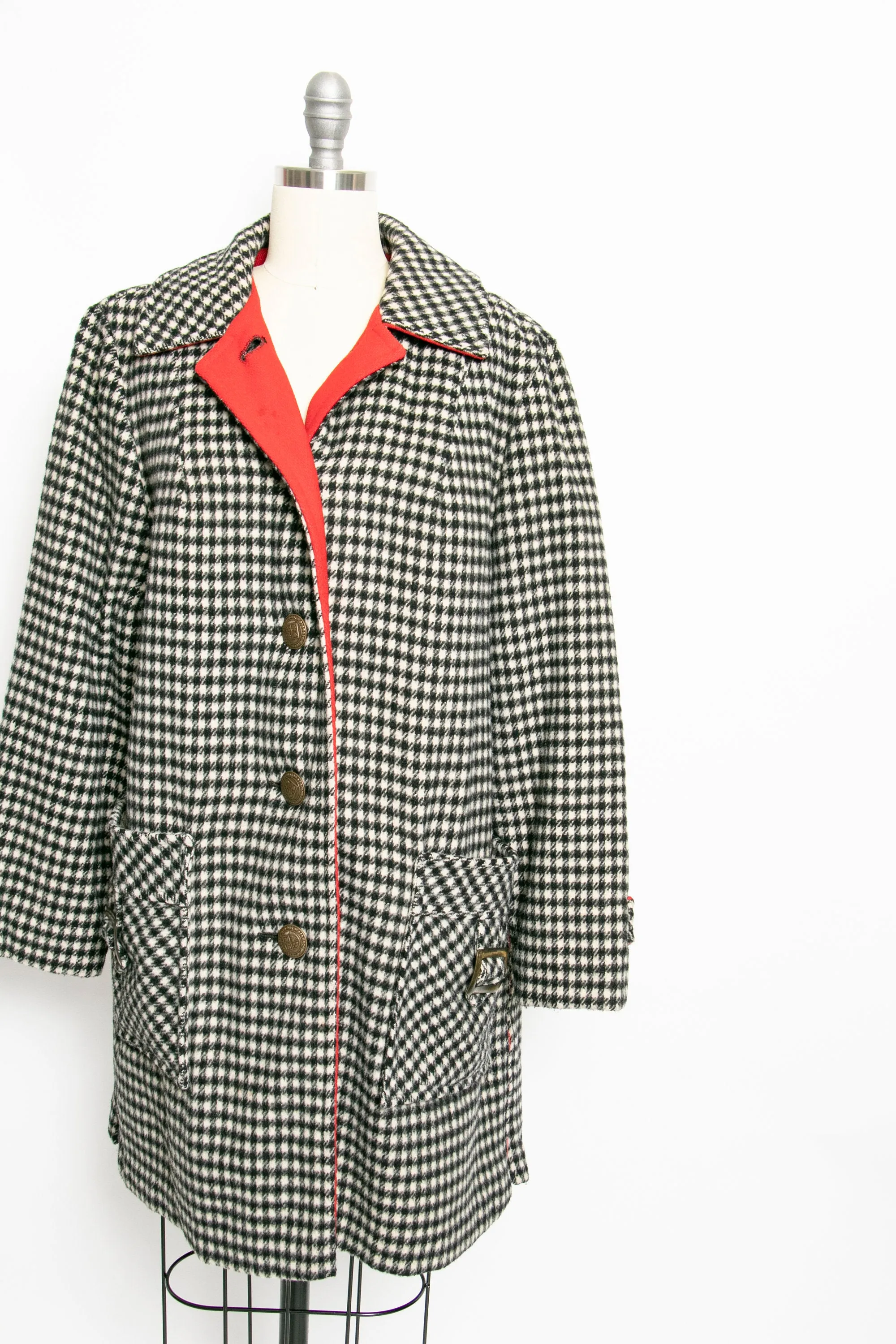 1960s Coat Black White Houndstooth Plaid Wool Large