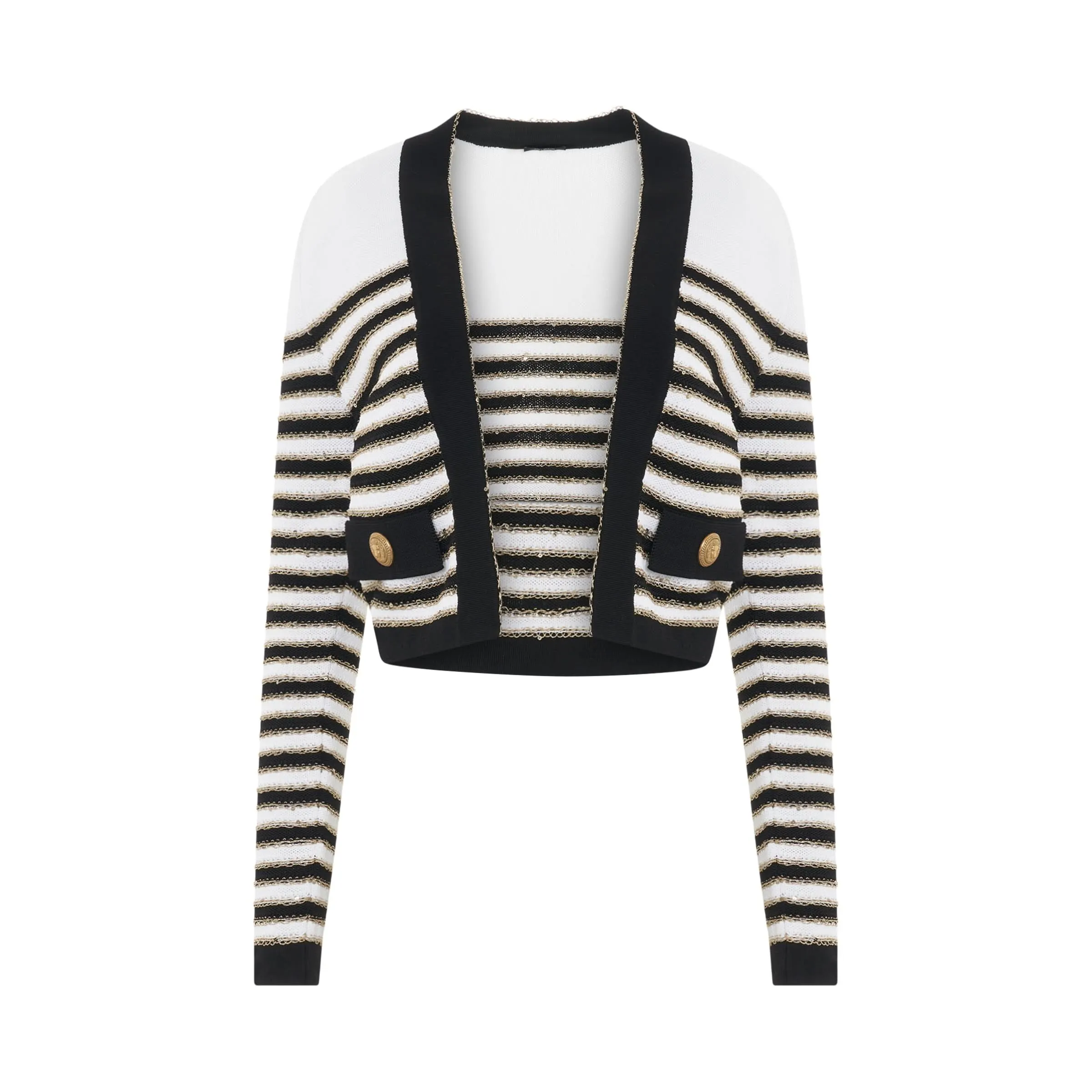 2 Pockets Side to Side Striped Knit Jacket in White/Black/Gold