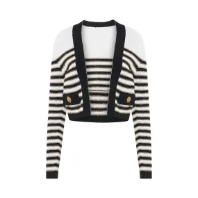 2 Pockets Side to Side Striped Knit Jacket in White/Black/Gold