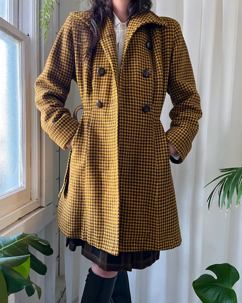 40s Belted Houndstooth Wool Coat | S