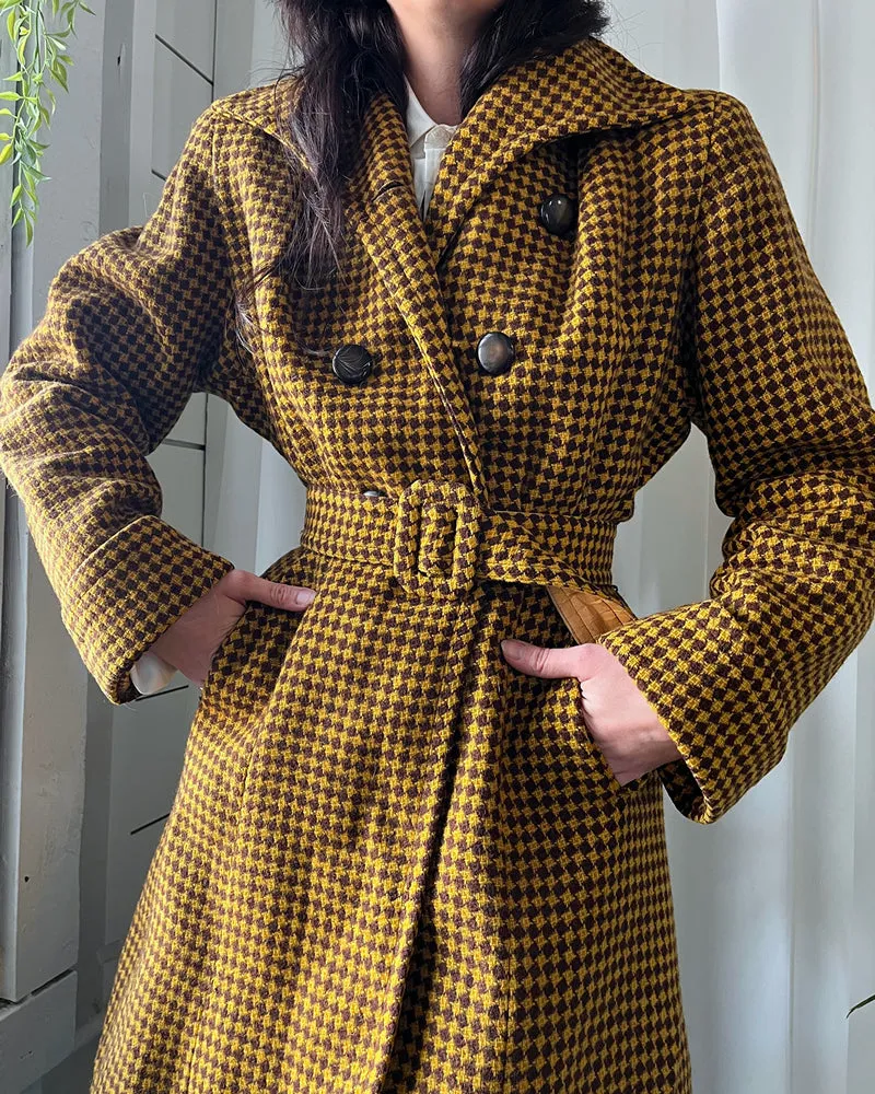 40s Belted Houndstooth Wool Coat | S