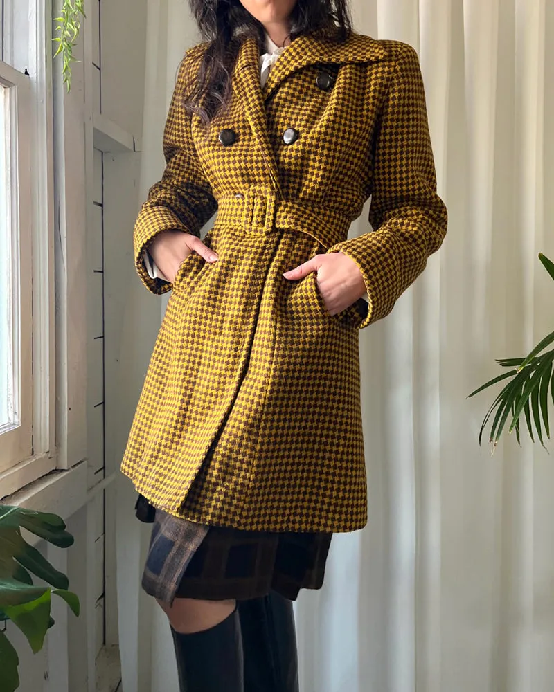 40s Belted Houndstooth Wool Coat | S