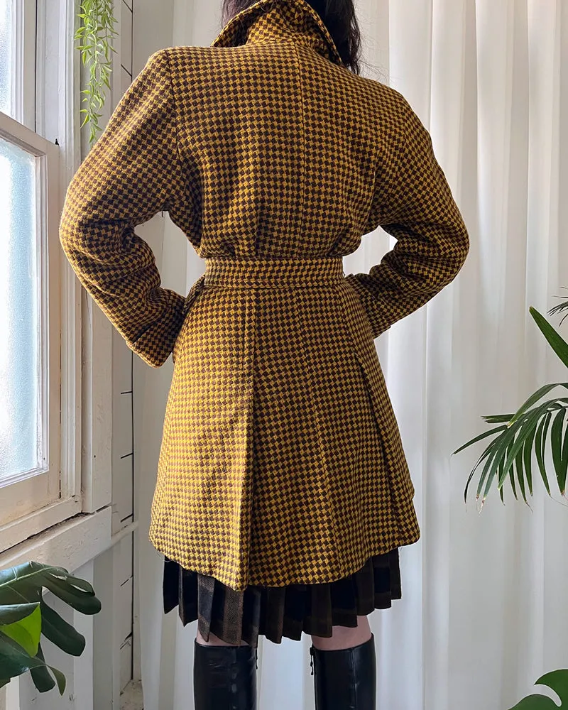 40s Belted Houndstooth Wool Coat | S