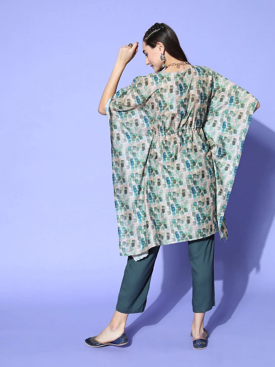 A Green Abstracted Print Muslin Embroidered Kaftan With A Solid Regular Fit Pants