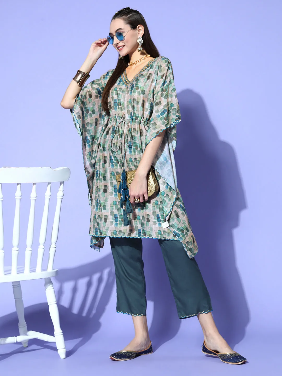 A Green Abstracted Print Muslin Embroidered Kaftan With A Solid Regular Fit Pants