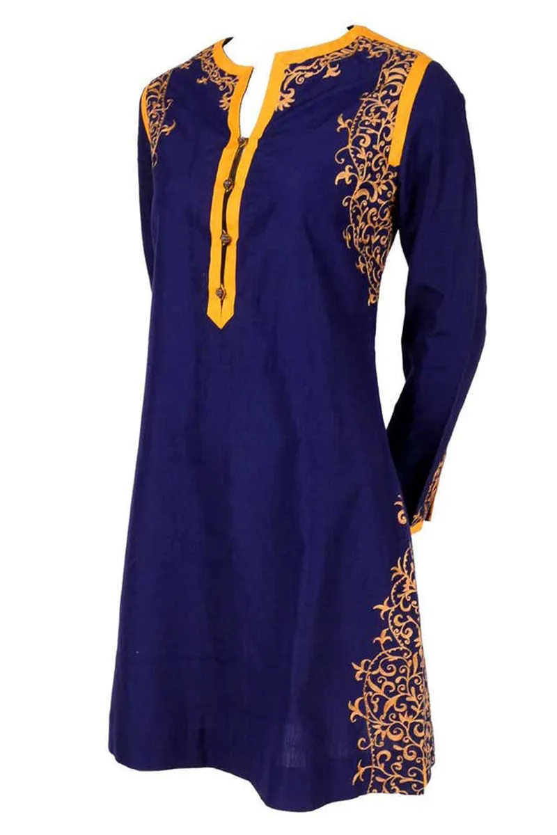 Aananda Vintage 1960's Blue Tunic Dress w Marigold Embroidery Trim