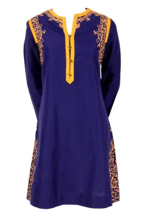 Aananda Vintage 1960's Blue Tunic Dress w Marigold Embroidery Trim