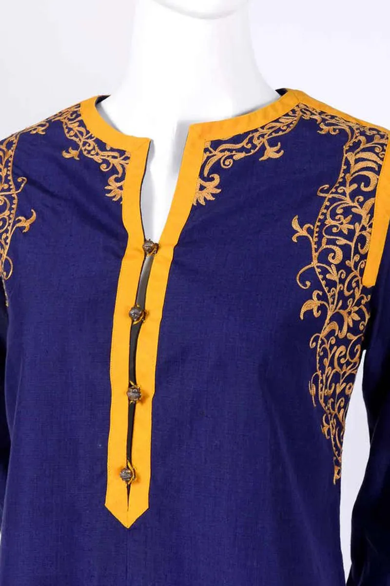 Aananda Vintage 1960's Blue Tunic Dress w Marigold Embroidery Trim