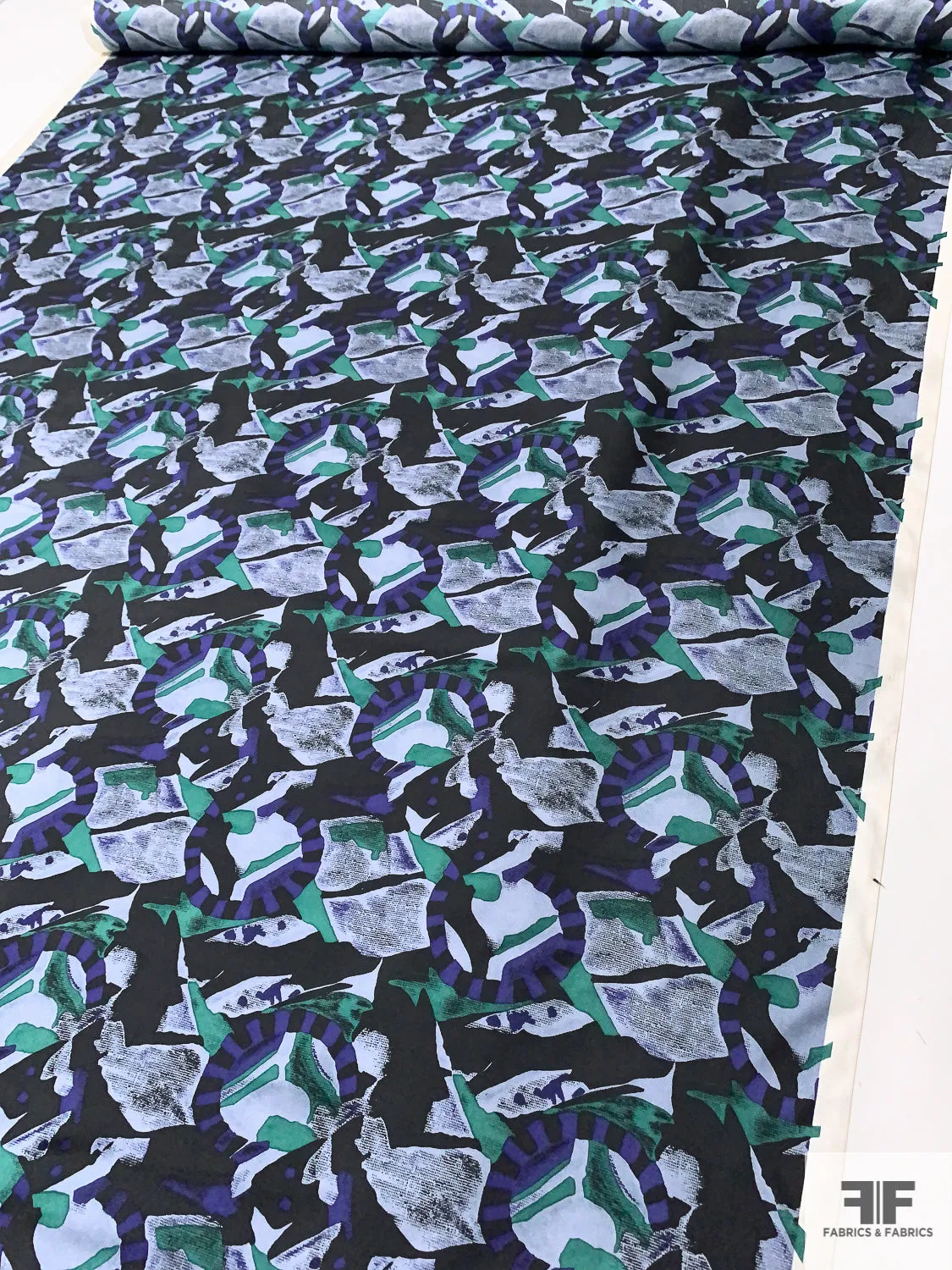 Abstract Graphic Printed Vintage Silk Twill - Indigo / Green / Black / Dusty Light Blue