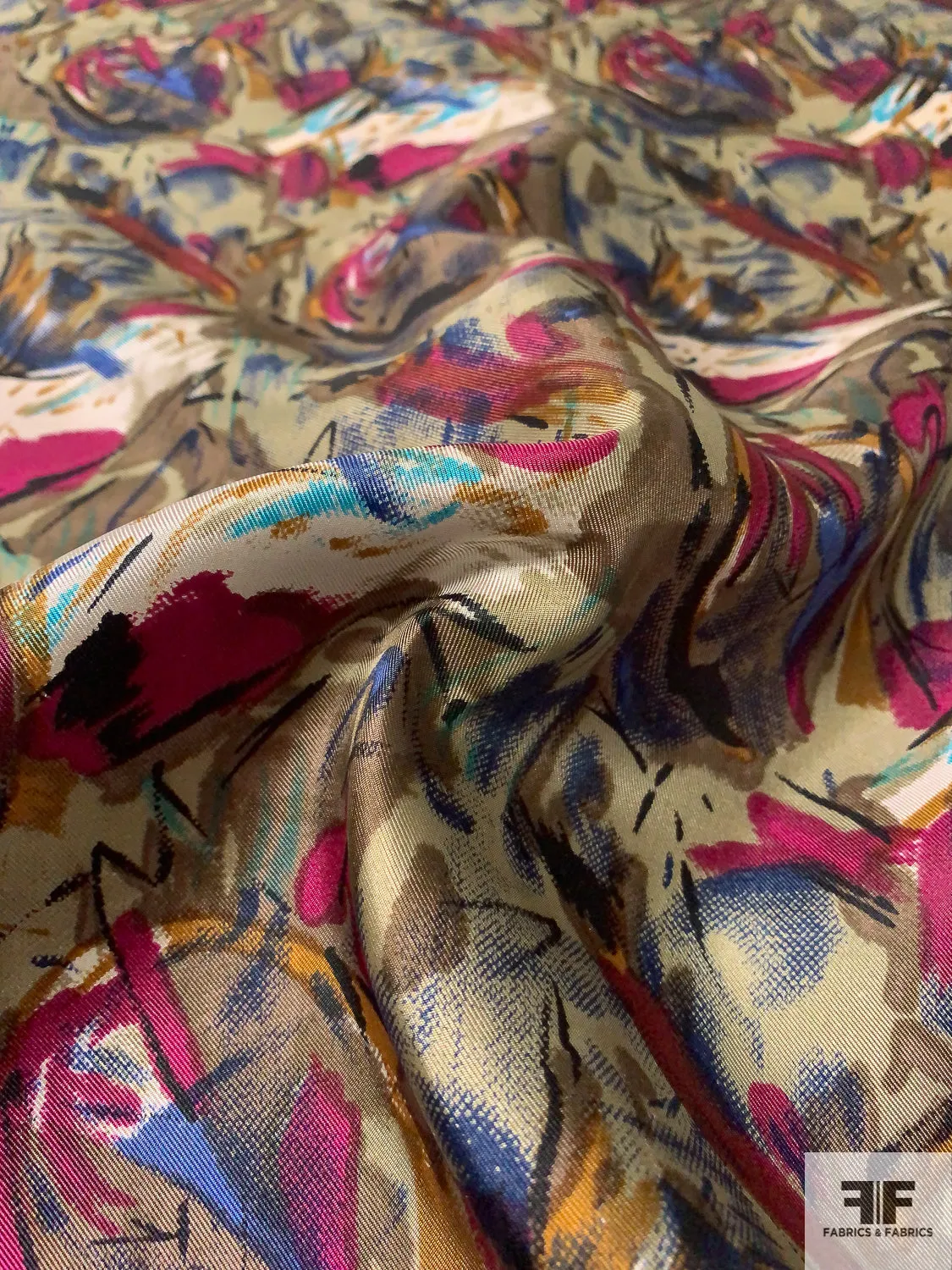 Abstract Painterly Floral Printed Vintage Silk Twill- Light Olive / Browns / Wine Grape / Indigo