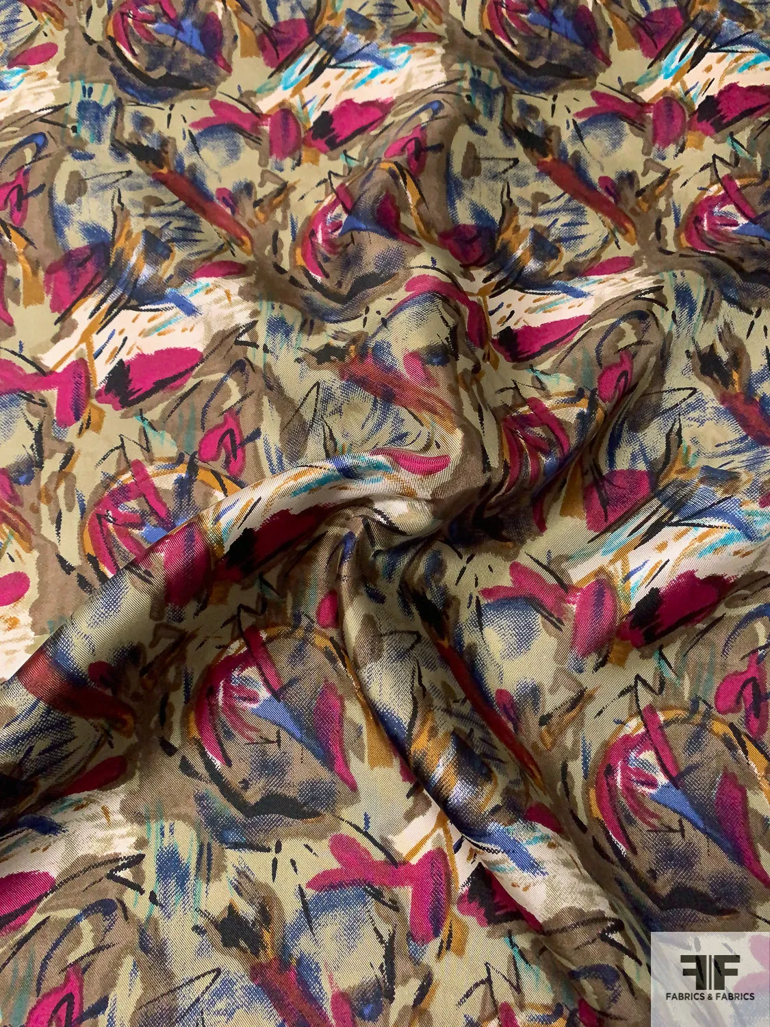 Abstract Painterly Floral Printed Vintage Silk Twill- Light Olive / Browns / Wine Grape / Indigo