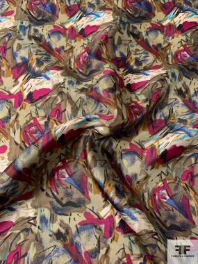 Abstract Painterly Floral Printed Vintage Silk Twill- Light Olive / Browns / Wine Grape / Indigo