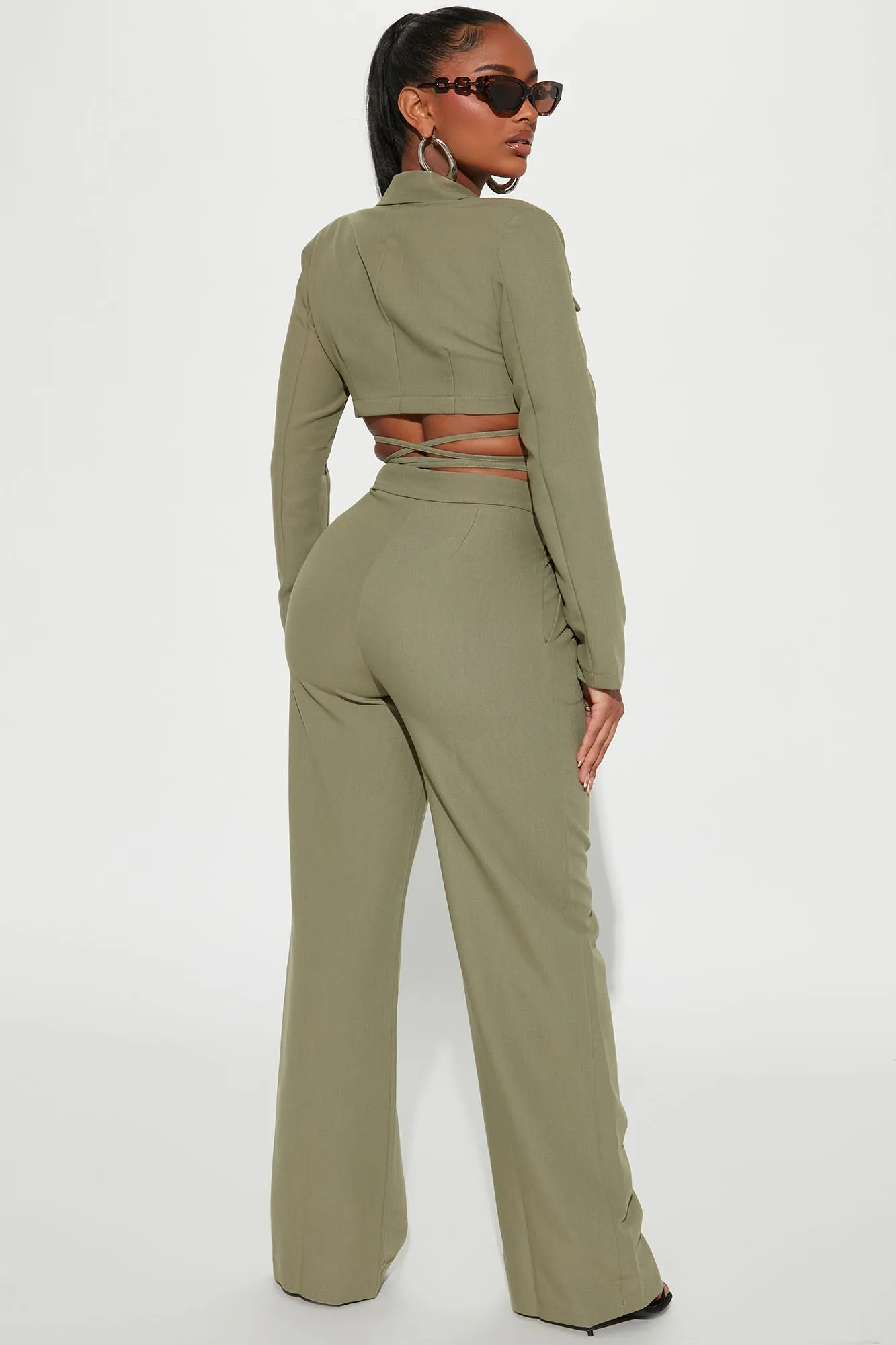 All Tied Down Blazer Pant Set - Olive