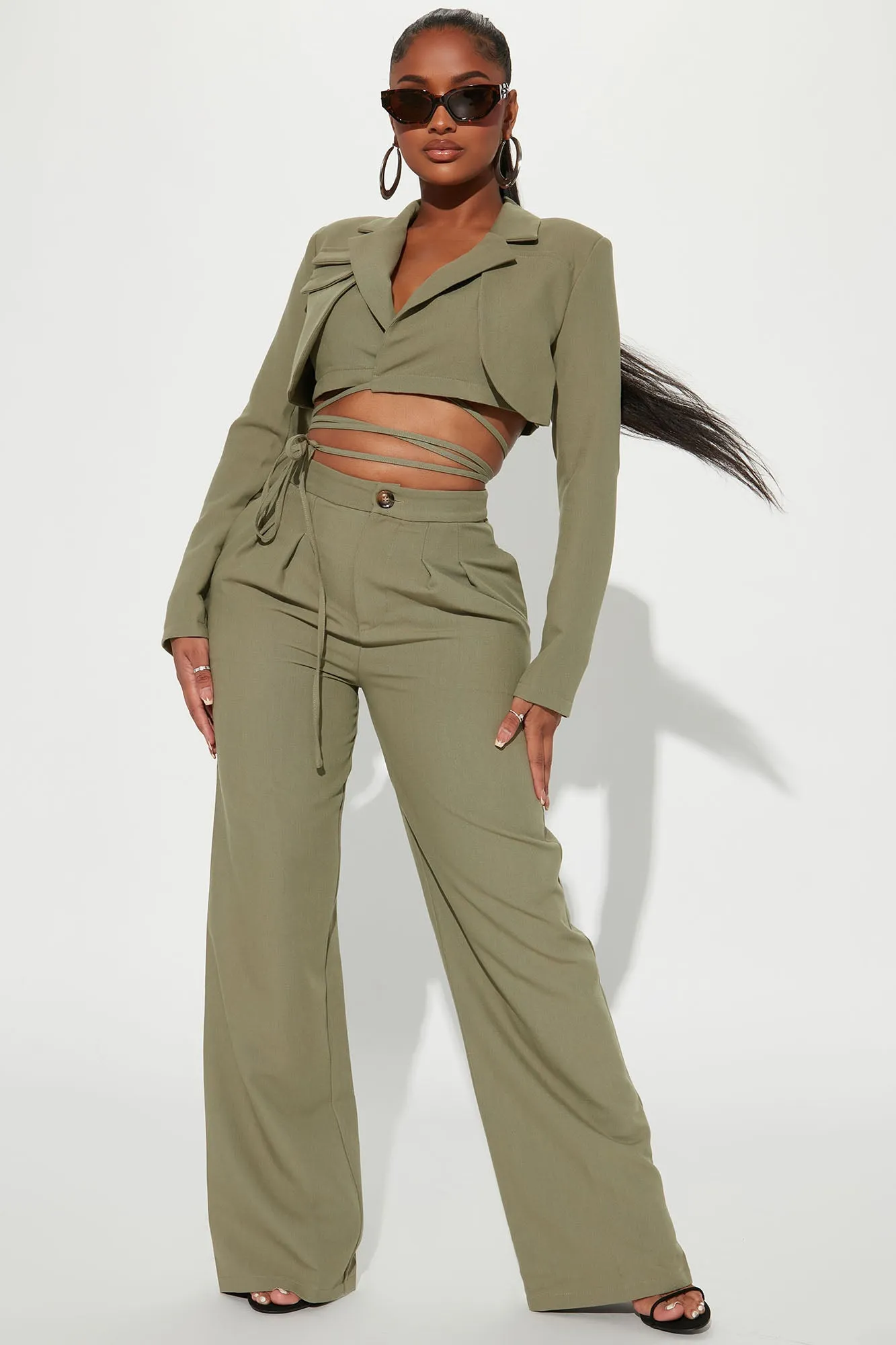 All Tied Down Blazer Pant Set - Olive