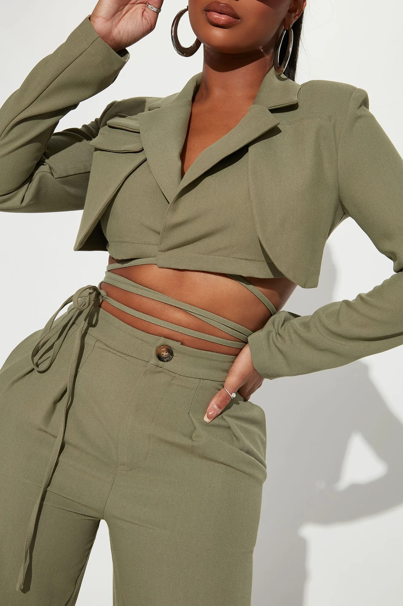 All Tied Down Blazer Pant Set - Olive