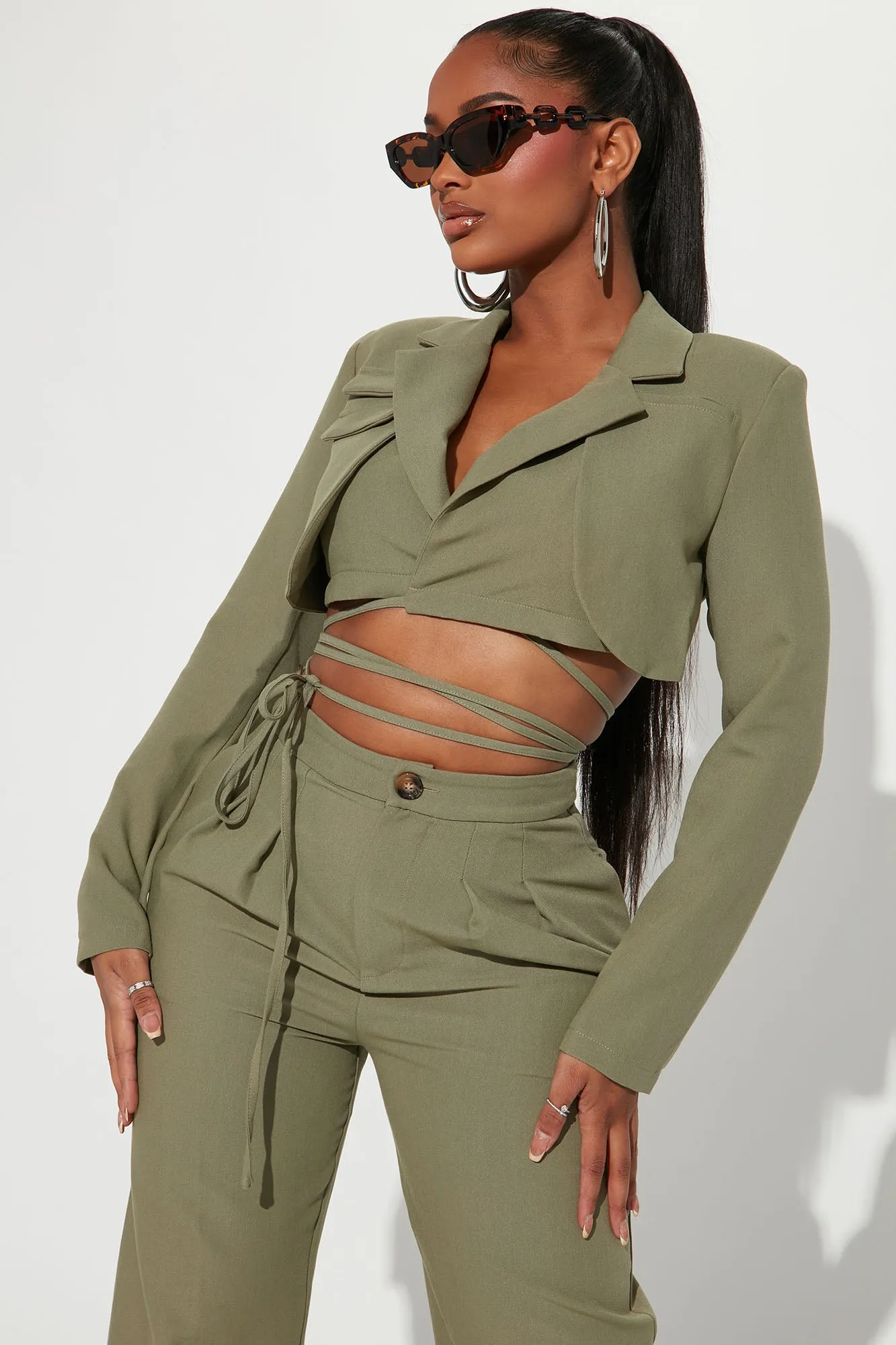 All Tied Down Blazer Pant Set - Olive