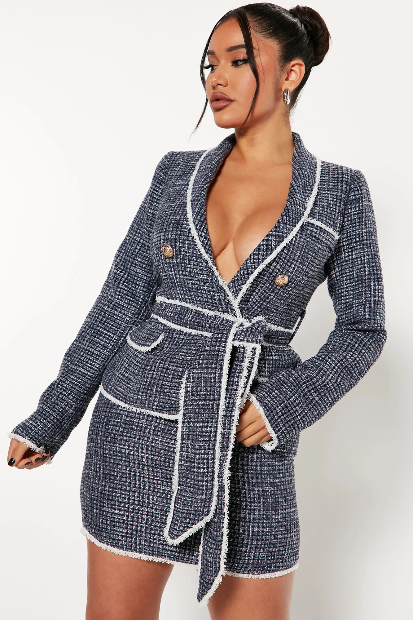 Always On Call Tweed Blazer Skirt Set - Navy