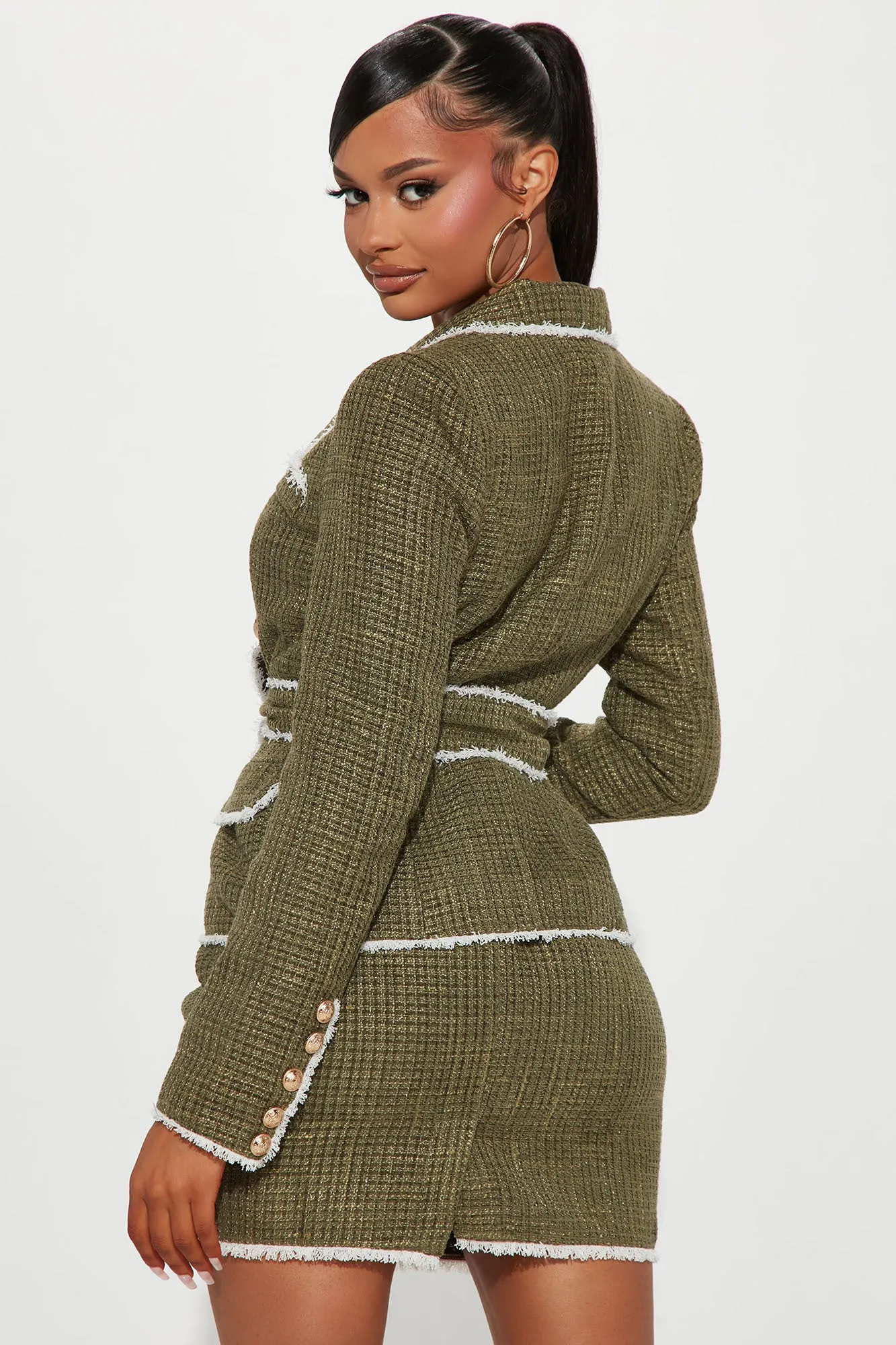 Always On Call Tweed Blazer Skirt Set - Olive