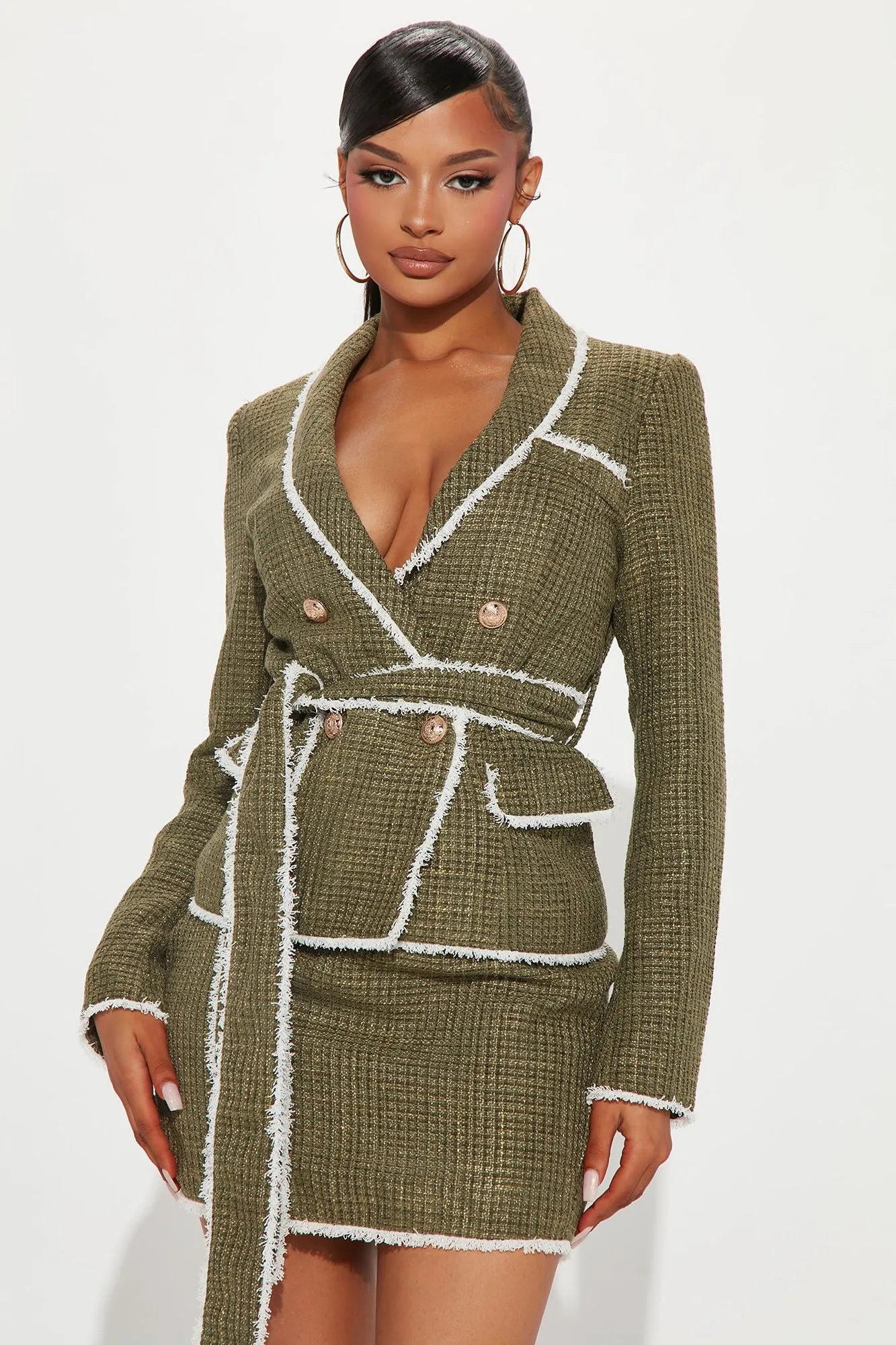 Always On Call Tweed Blazer Skirt Set - Olive