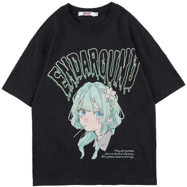 Aolamegs T-shirt Men Green Hair Girl Cartoon Anime Printed O-Neck  Streetwear Japanese Harajuku Fashion Tops Men Clothing Summer