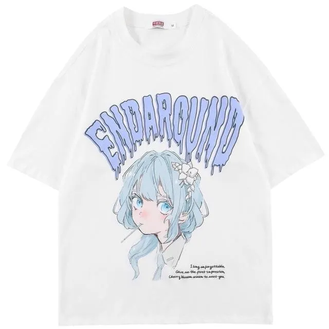 Aolamegs T-shirt Men Green Hair Girl Cartoon Anime Printed O-Neck  Streetwear Japanese Harajuku Fashion Tops Men Clothing Summer