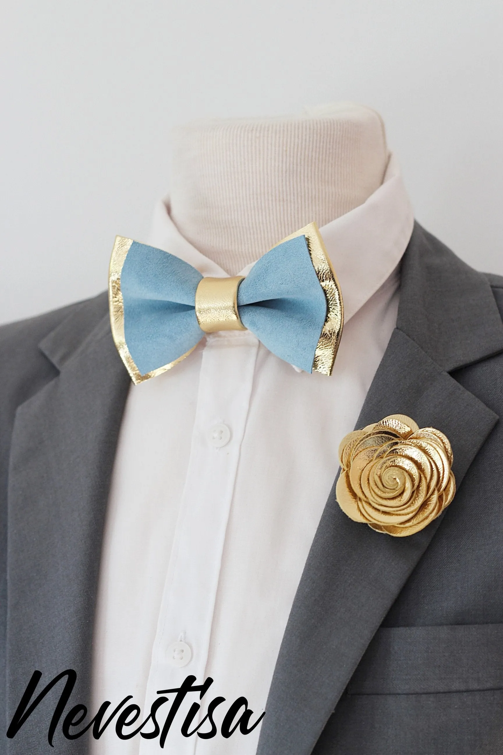 Baby blue bow tie and gold boutonniere, lapel flower rose set