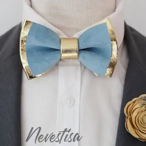 Baby blue bow tie and gold boutonniere, lapel flower rose set