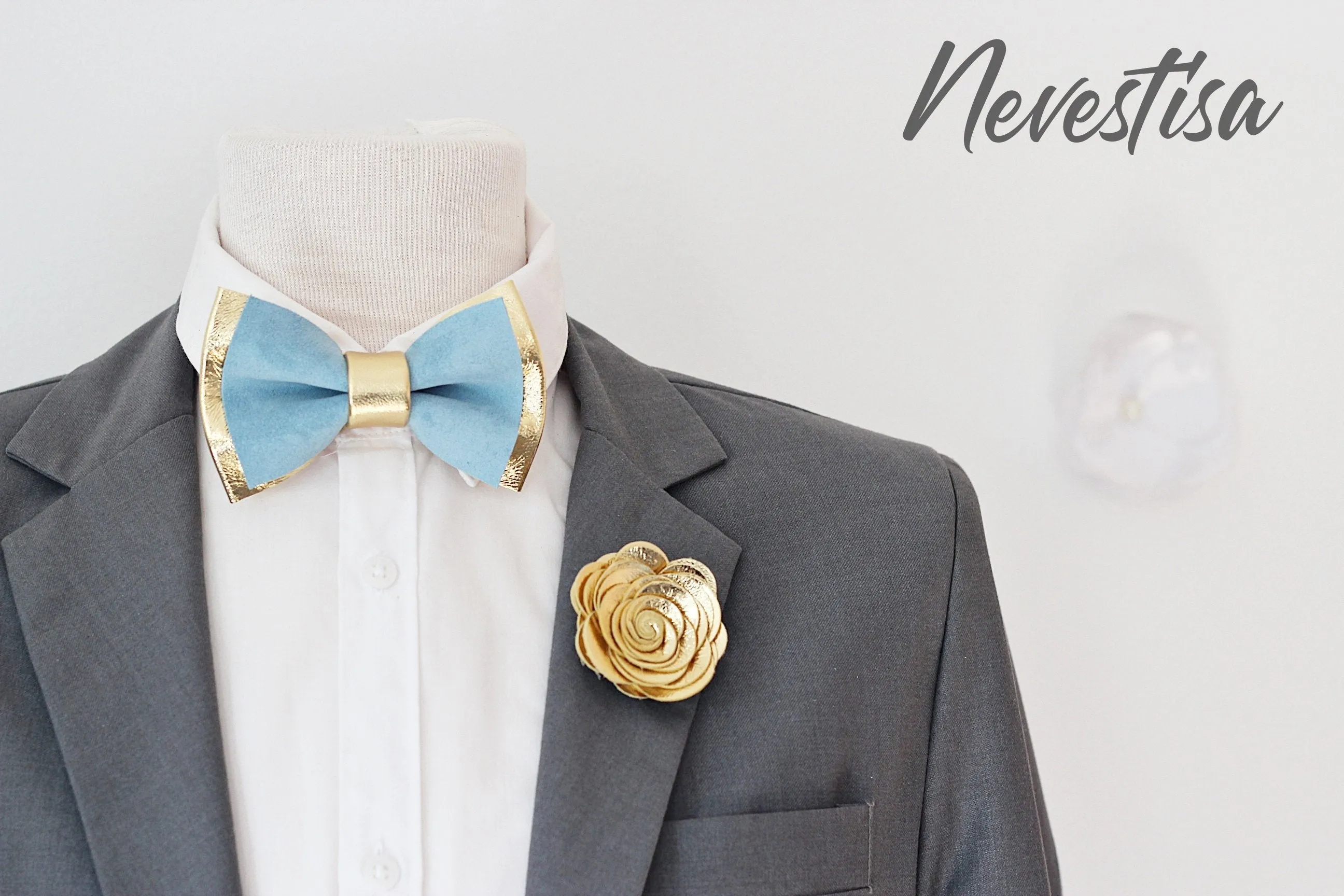 Baby blue bow tie and gold boutonniere, lapel flower rose set