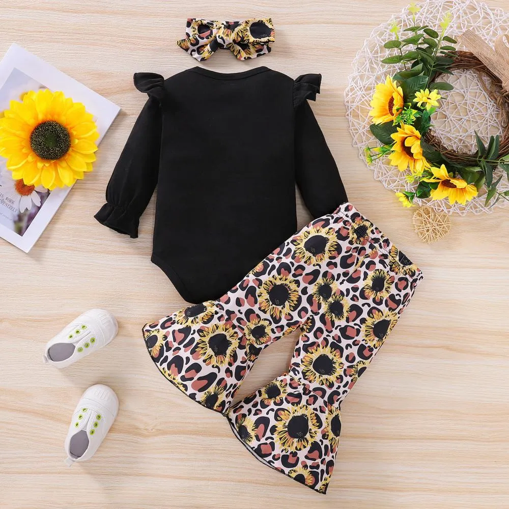 Baby Girl Letter Romper Sunflower Flared Pants Headband Set Baby Clothing Wholesale Distributors