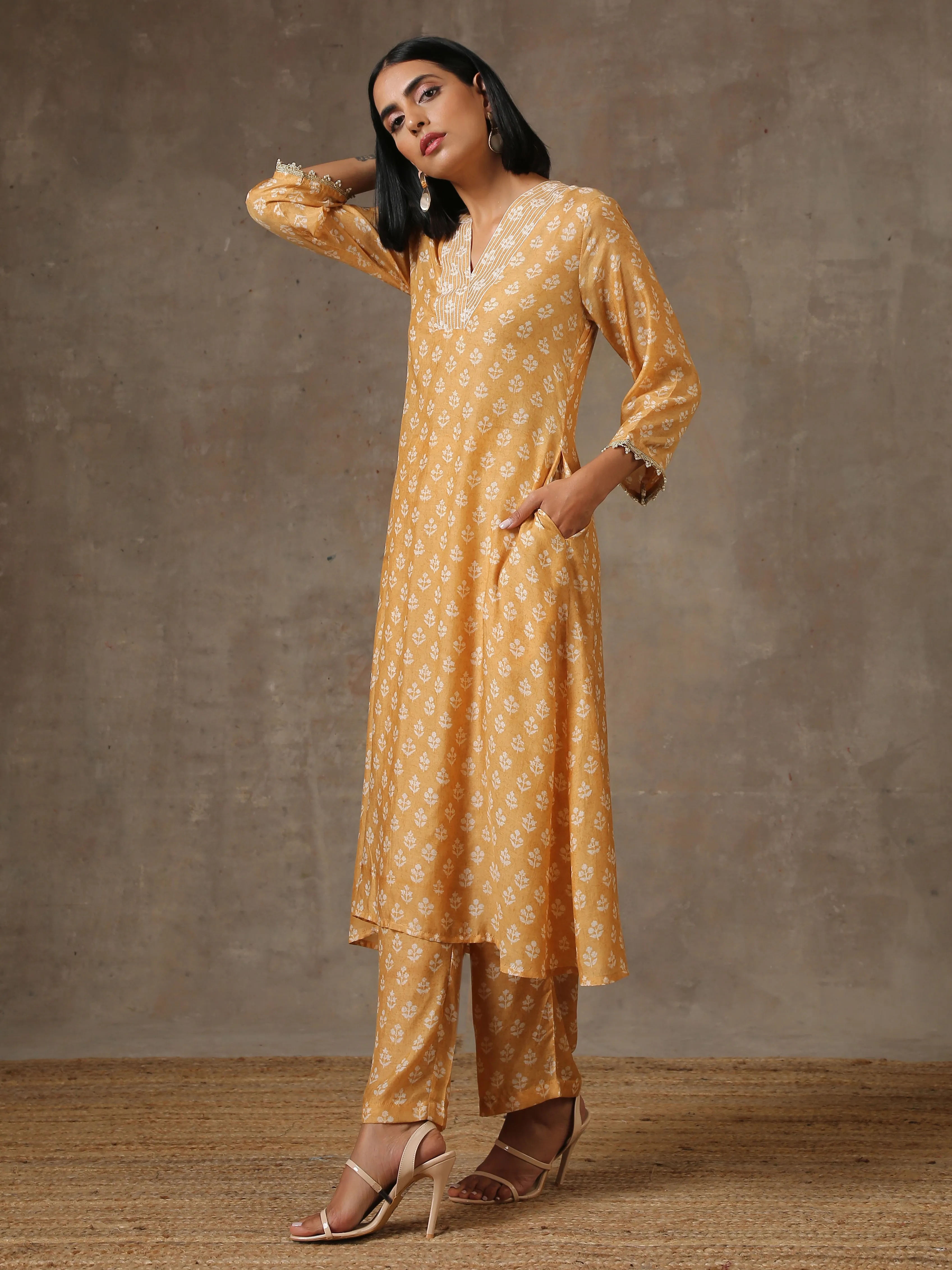 Beige White Flared Printed Silk Kurta Pant Set