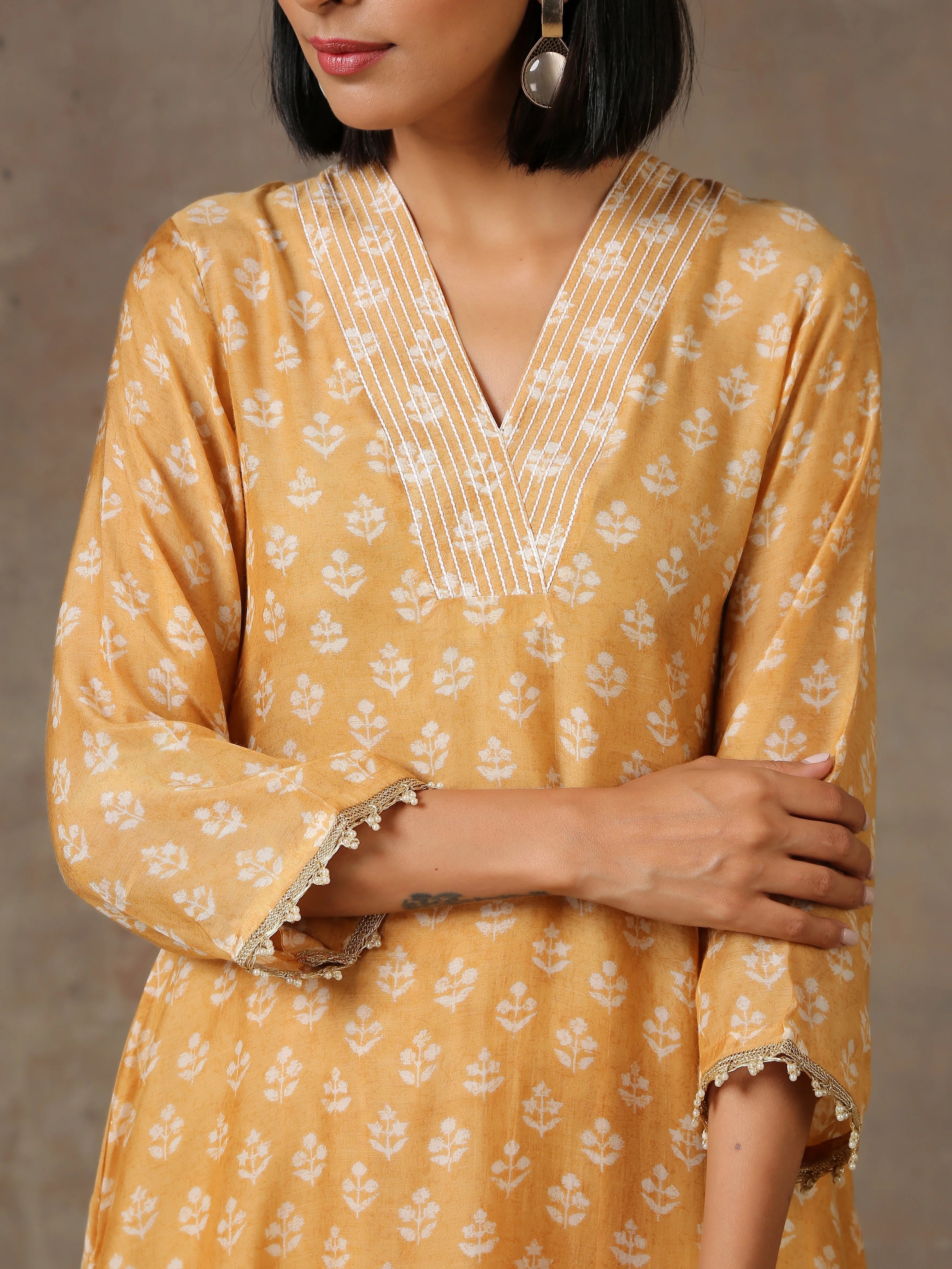 Beige White Flared Printed Silk Kurta Pant Set