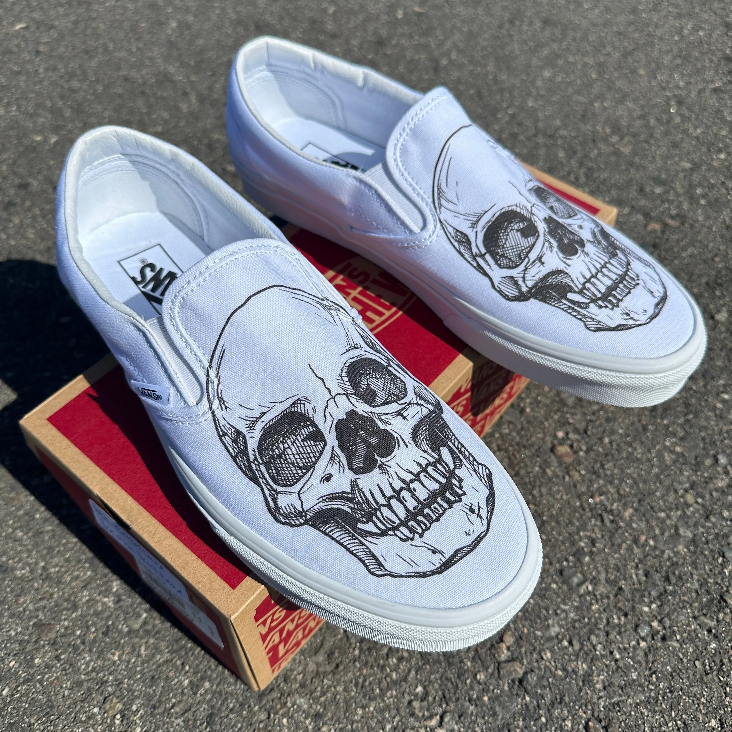 Big Skull Head Slip Ons - Custom White Vans Shoes