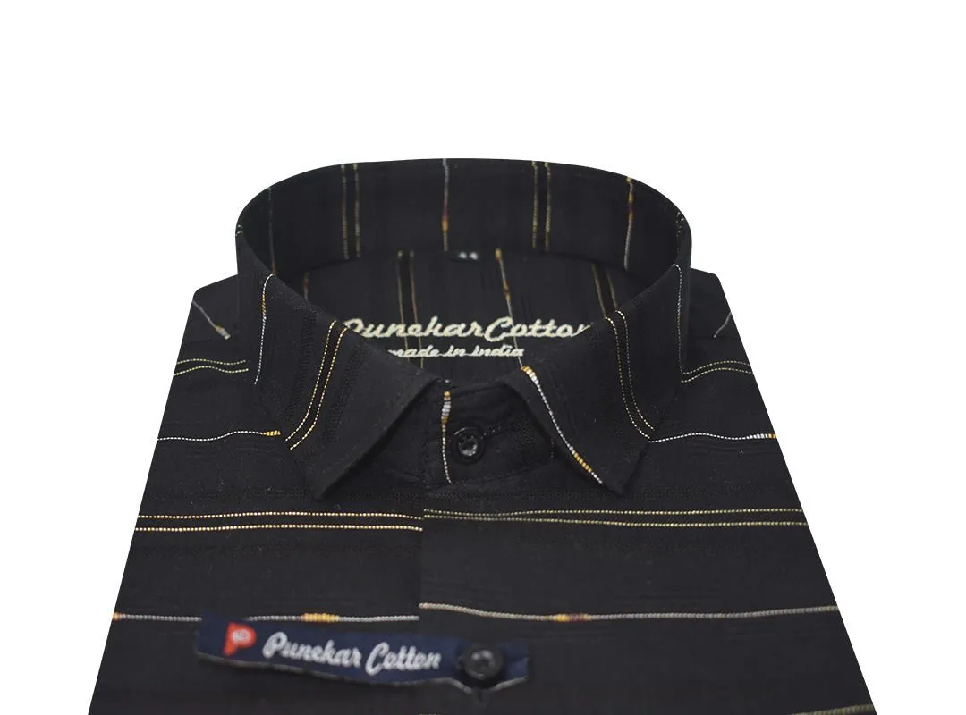 Black Color Pure Cotton Panelled Butta Stripes Shirts For Men's