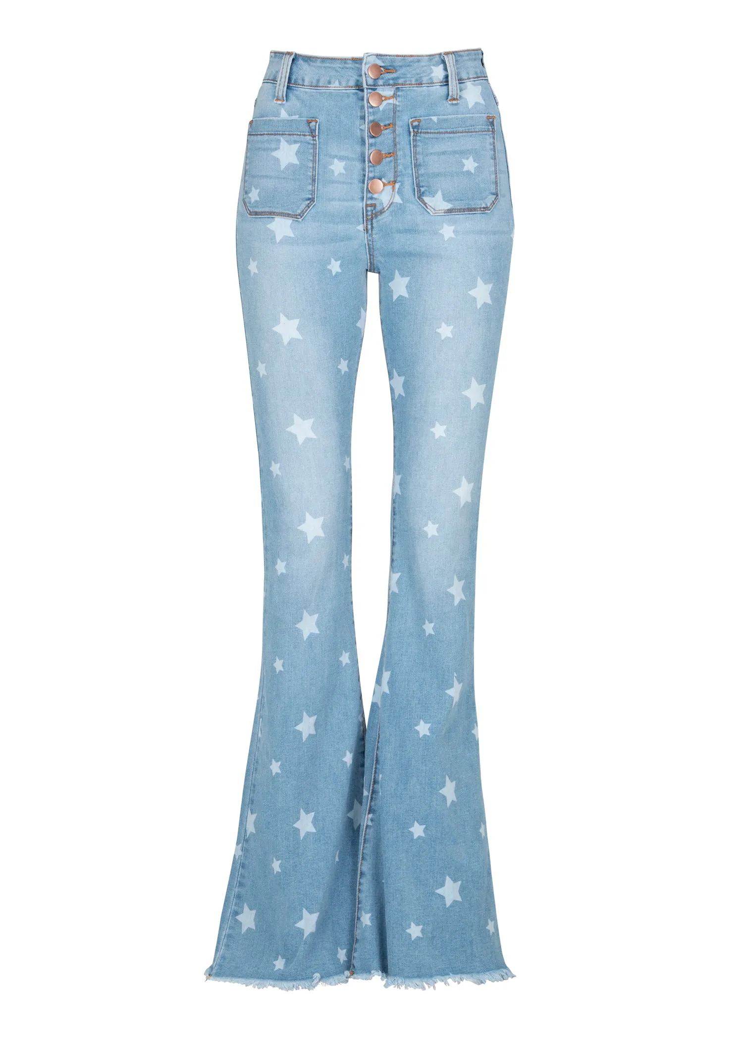 BLUE DENIM STAR PRINT FLARED JEANS WITH FRAYED HEM