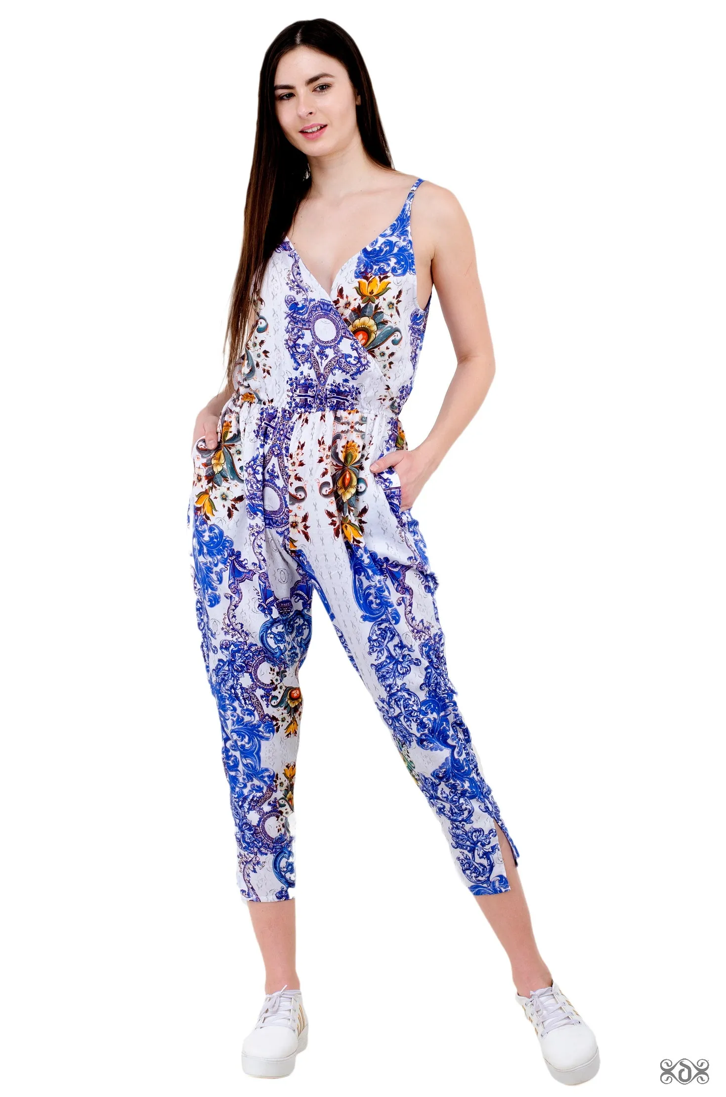 Blue Florals Jumpsuit, Organic Cotton Jumpsuit, Women Jumpsuit, Tapered Jumpsuit with Pocket.