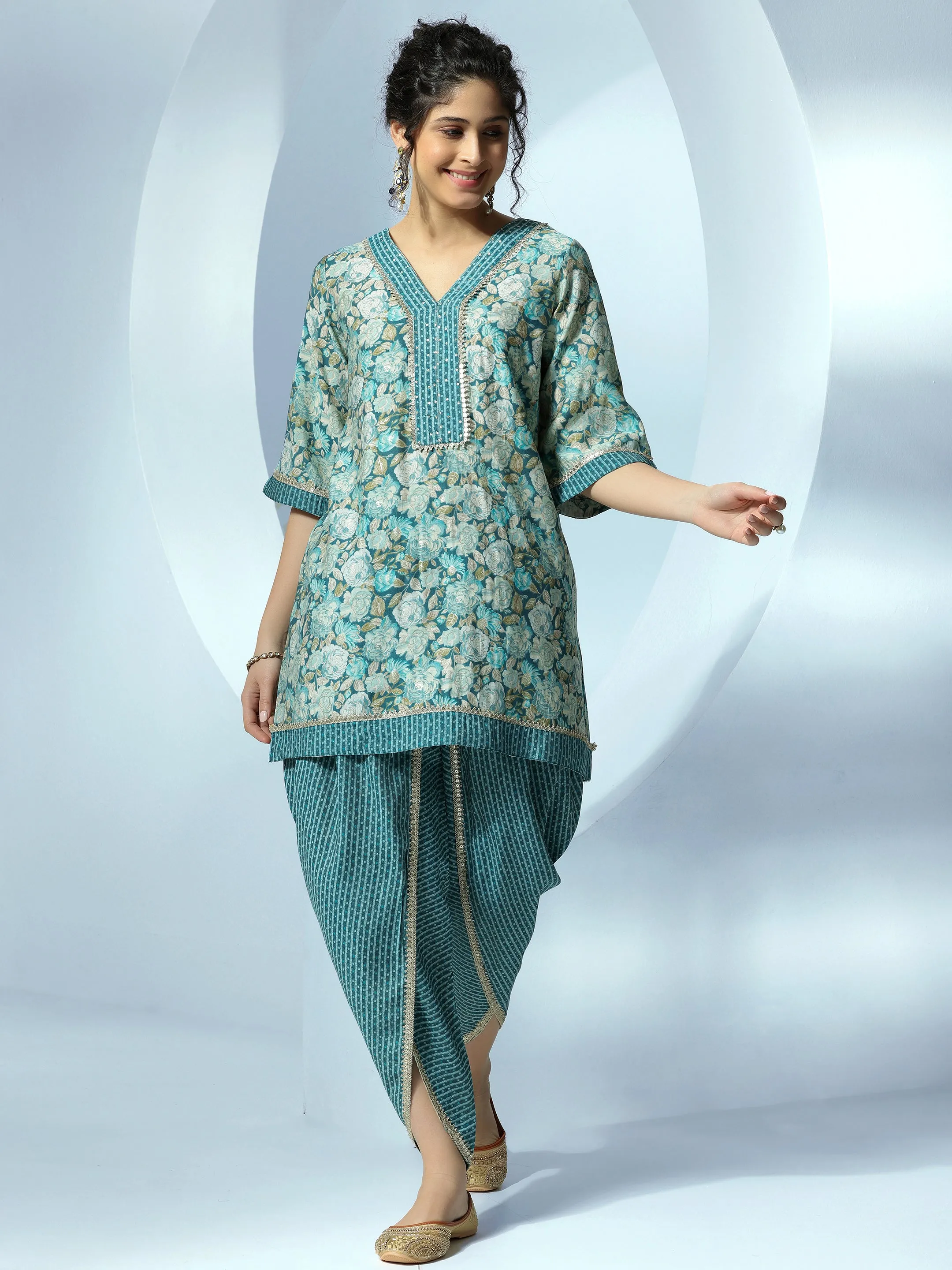 Blue Printed Silk Blend A-Line Kurta With Dhoti Pants