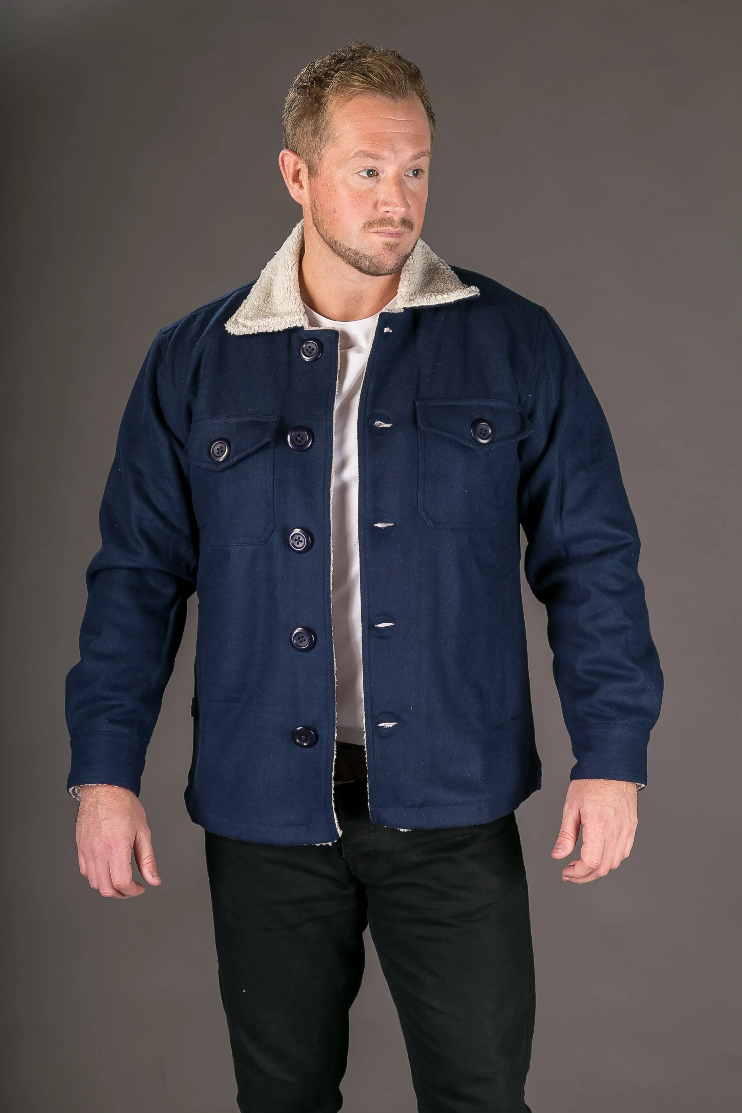 Blue Wool Mens Winter Jacket Shearling Lining