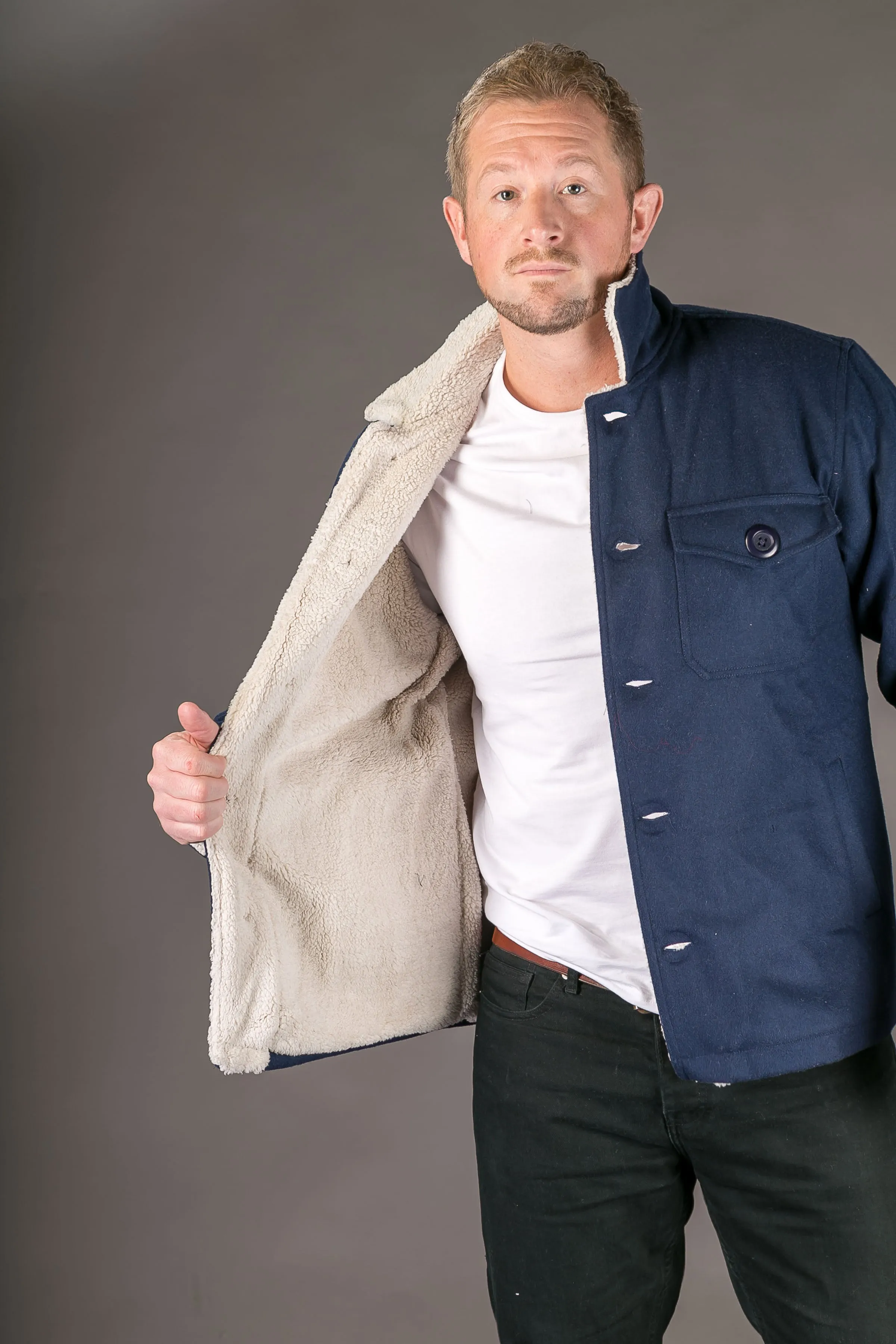 Blue Wool Mens Winter Jacket Shearling Lining