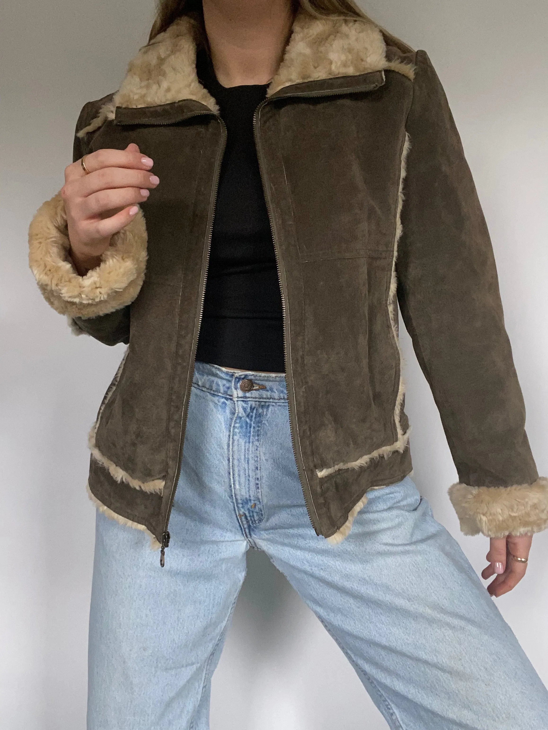 Brown Shearling Bomber Jacket Size M