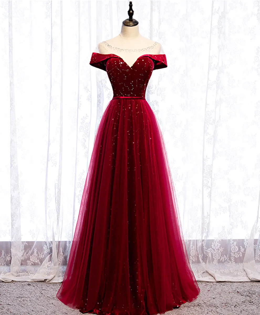 Burgundy Round Neck Tulle Sequin Long Prom Dress Tulle Formal Dress