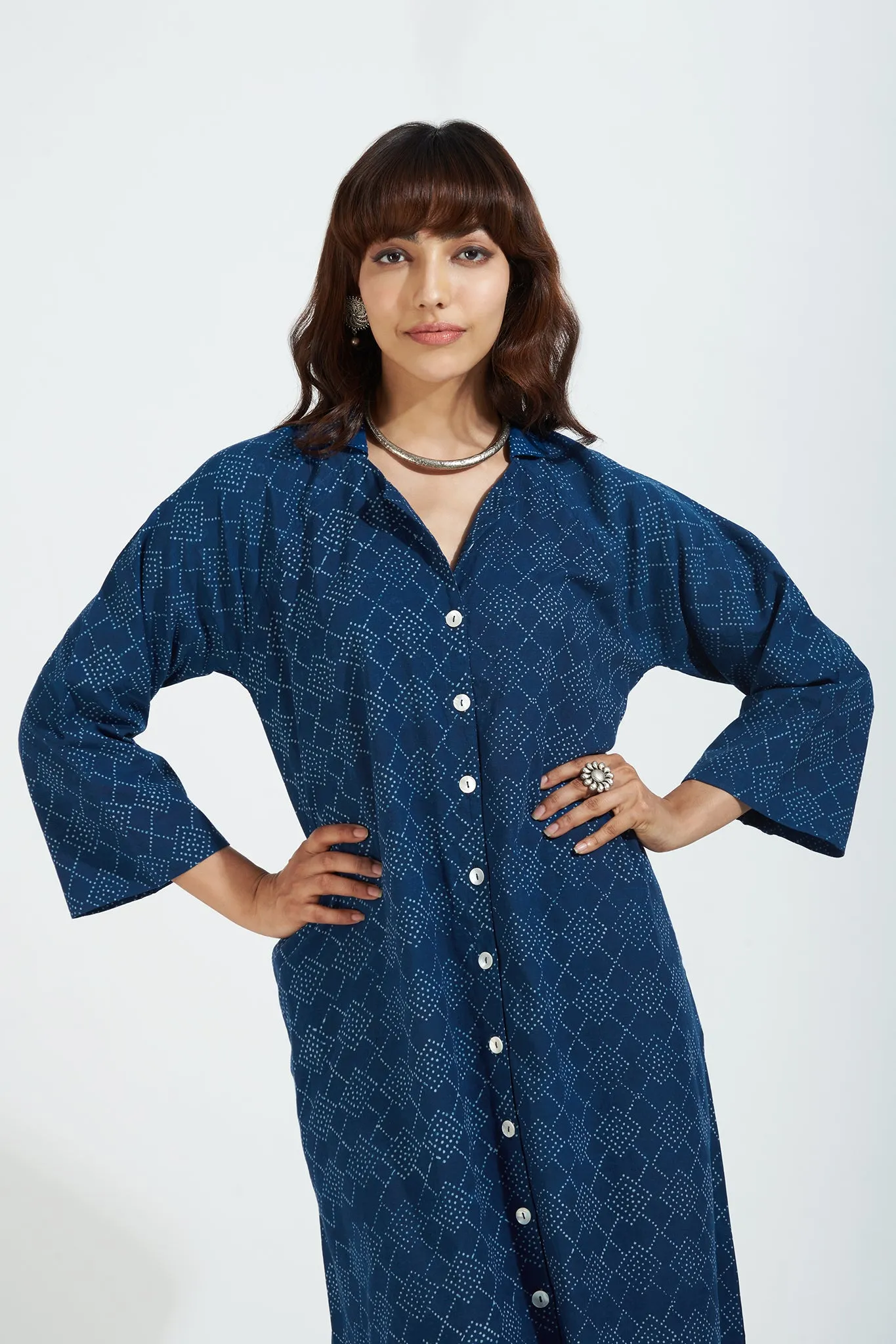 button down johnny collar shirt dress - enchanting indigo & stardust speckles