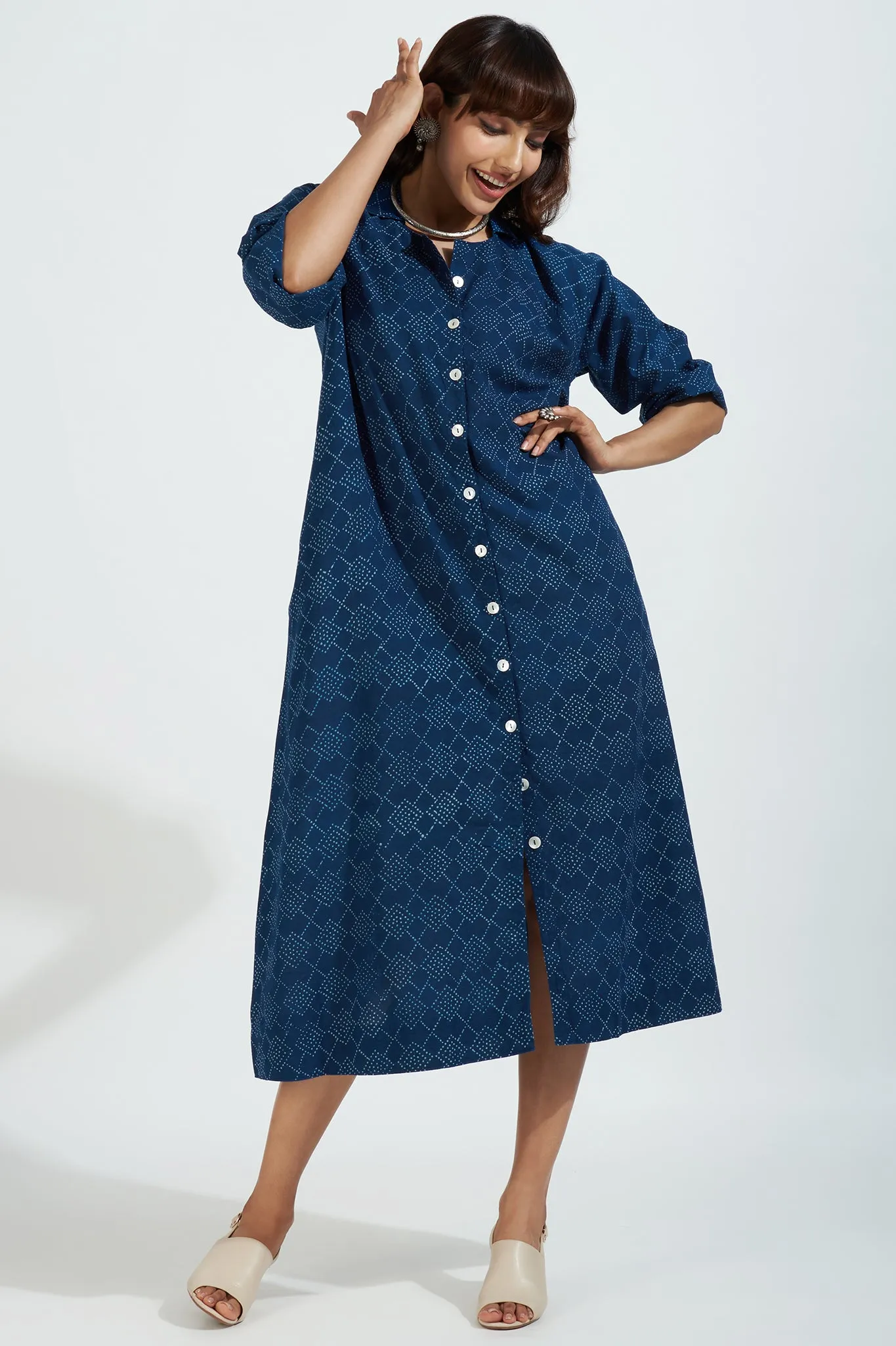 button down johnny collar shirt dress - enchanting indigo & stardust speckles