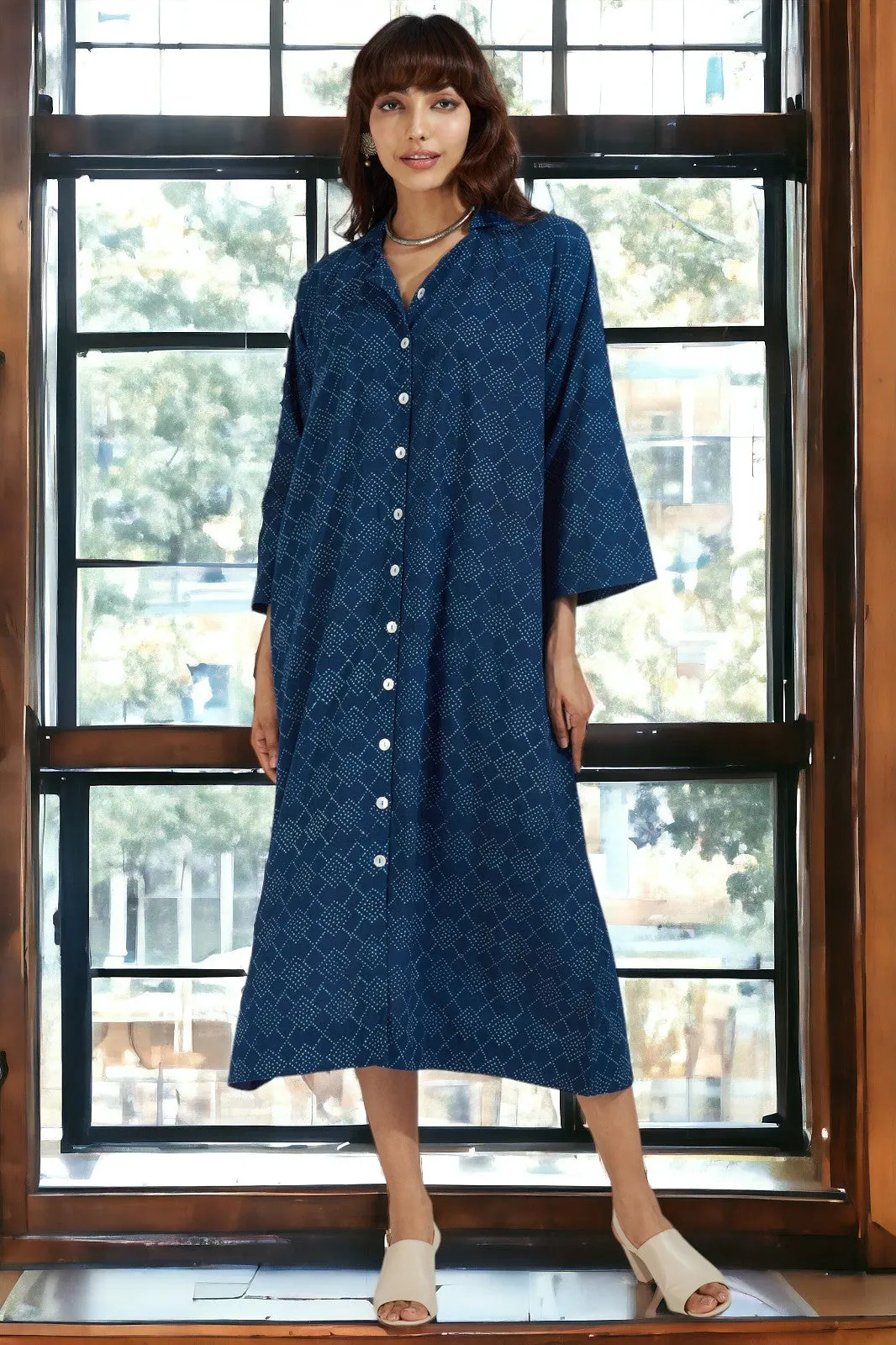 button down johnny collar shirt dress - enchanting indigo & stardust speckles