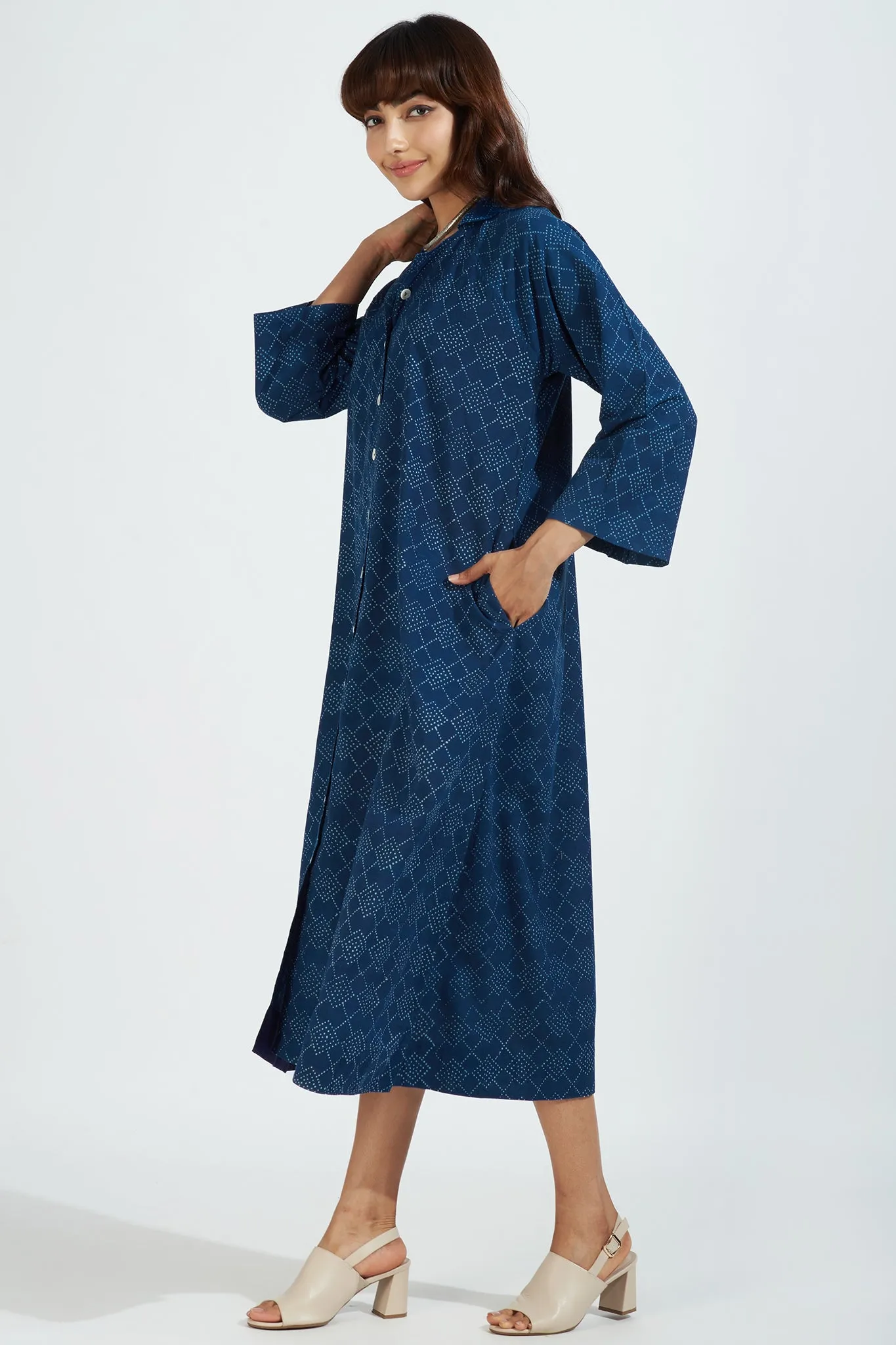 button down johnny collar shirt dress - enchanting indigo & stardust speckles