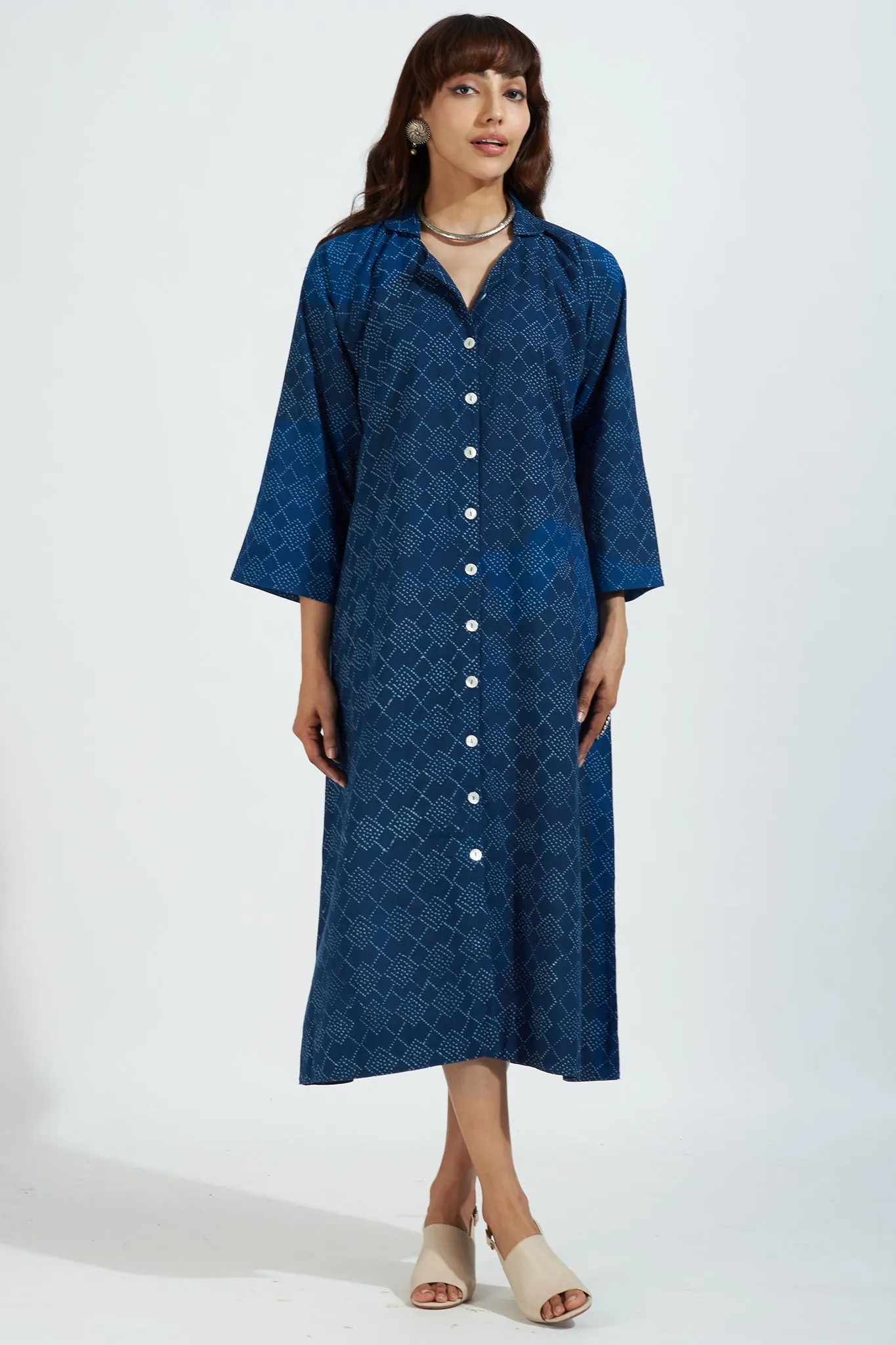 button down johnny collar shirt dress - enchanting indigo & stardust speckles