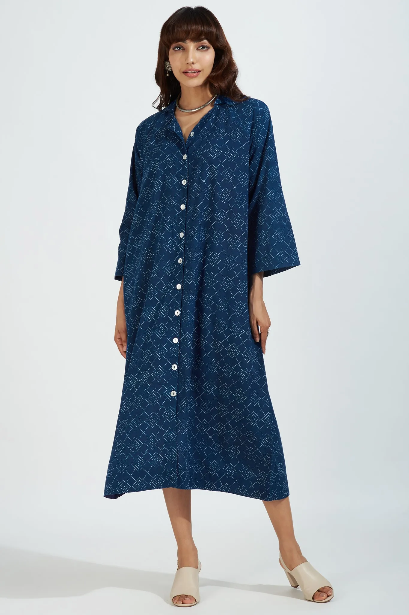 button down johnny collar shirt dress - enchanting indigo & stardust speckles