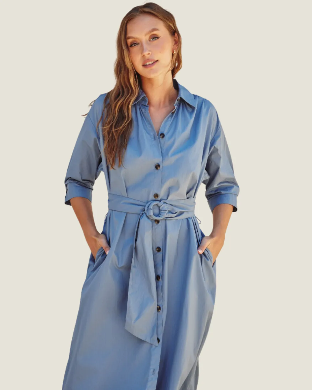 Button Down Light Blue Long Sleeve Midi Dress