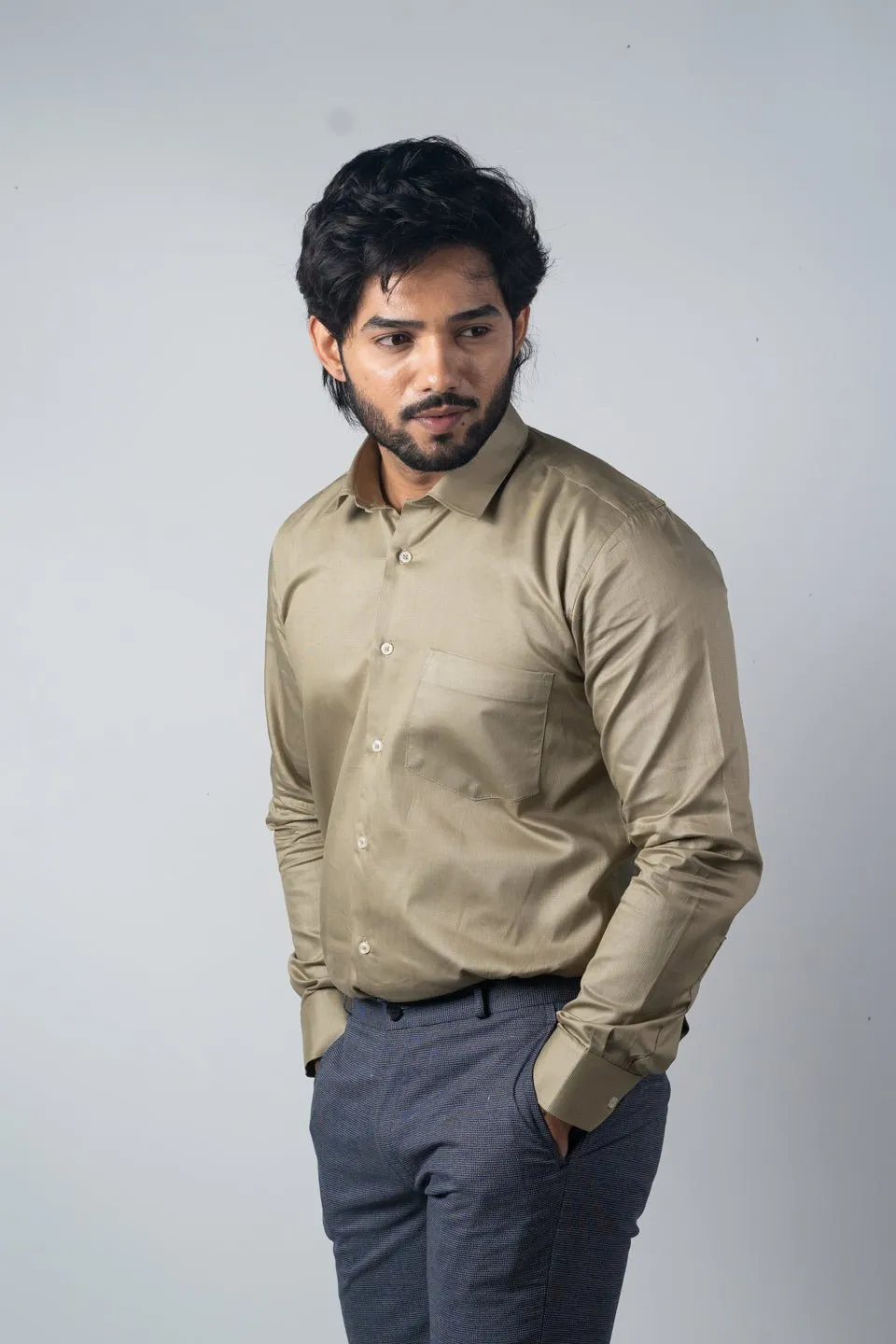 Camel Color Micro Checks Texture Satin Cotton Shirt For Men