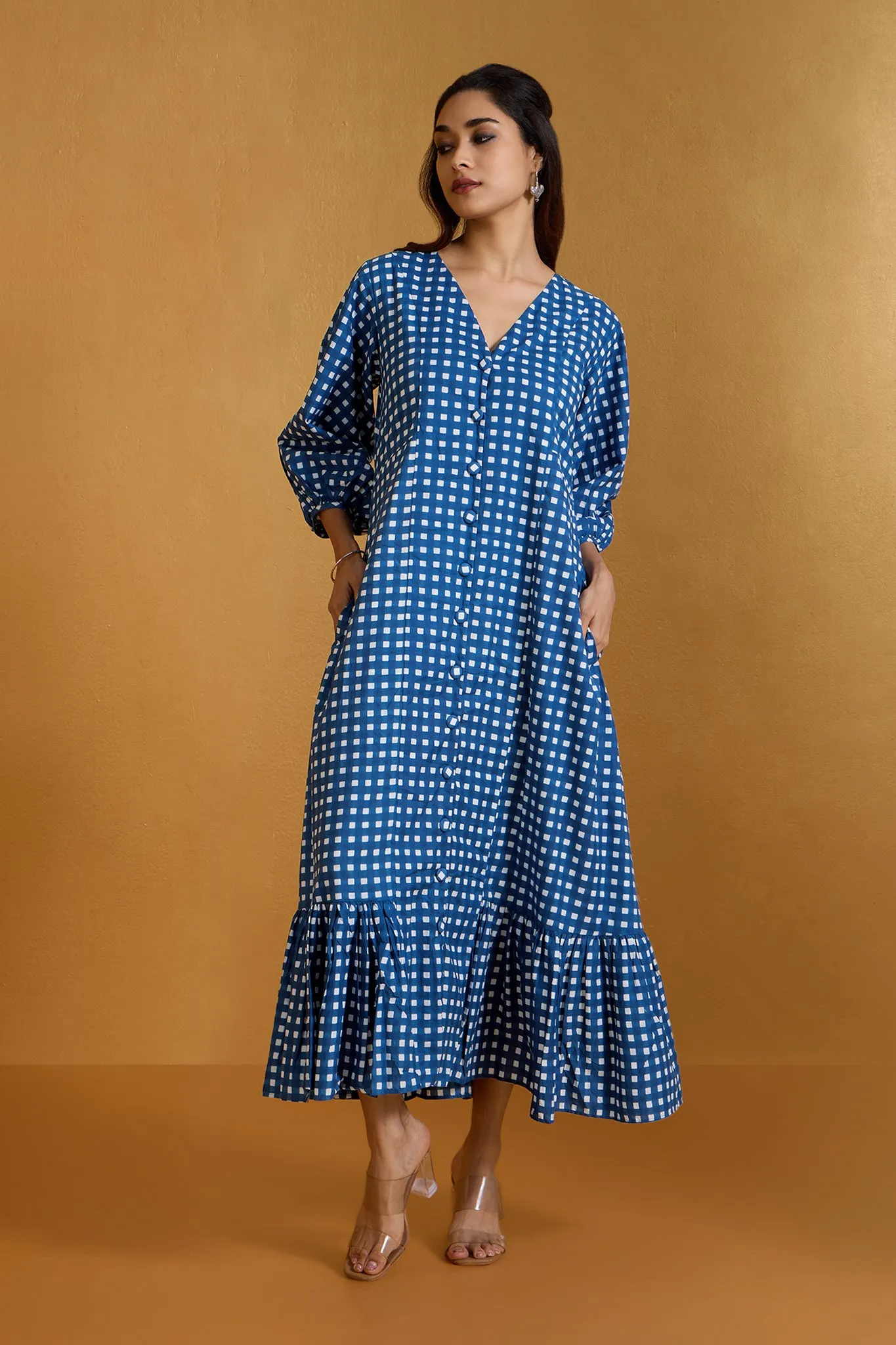 Checkered Indigo Midi Dress with Ruffle Border