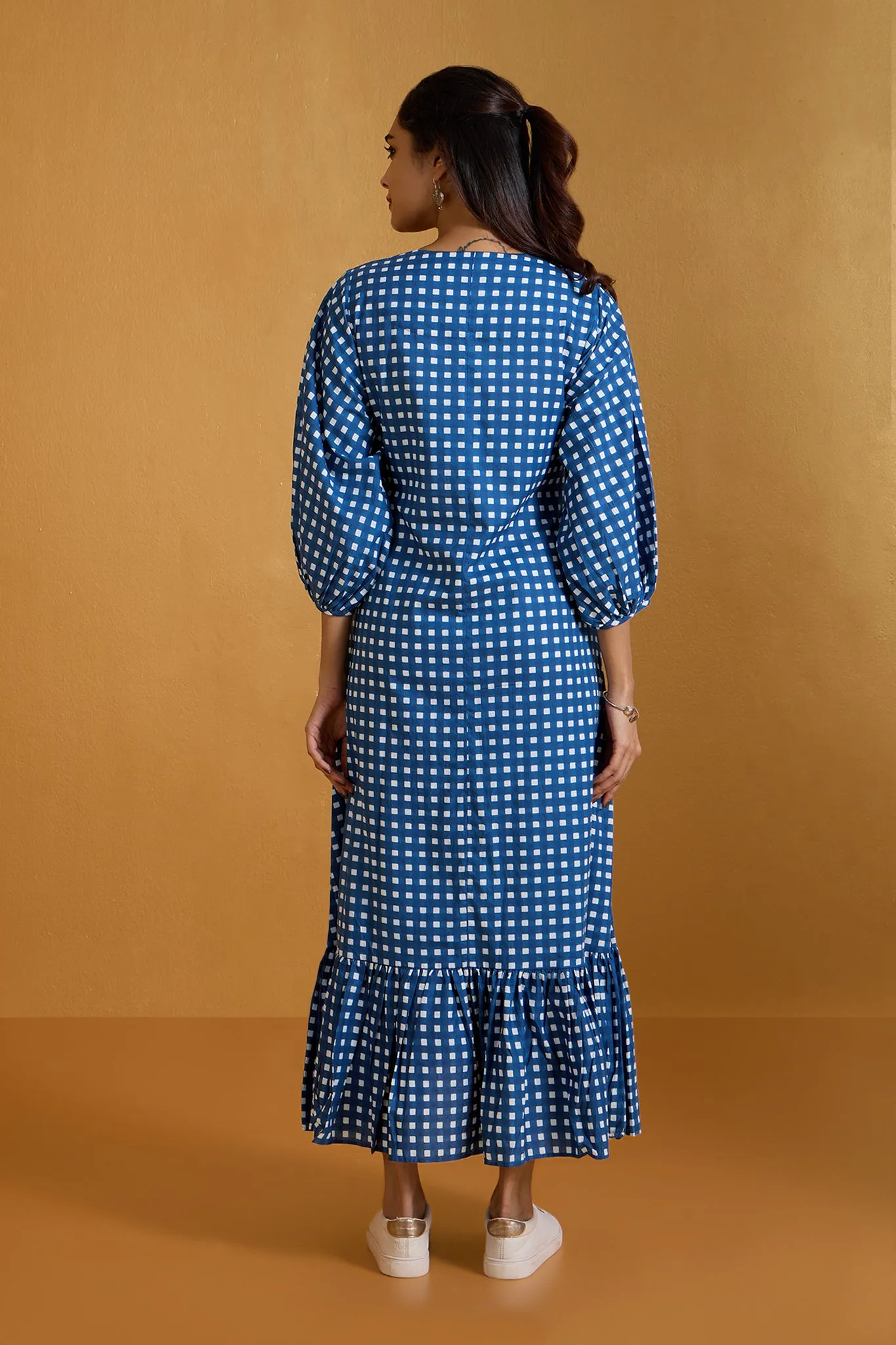 Checkered Indigo Midi Dress with Ruffle Border